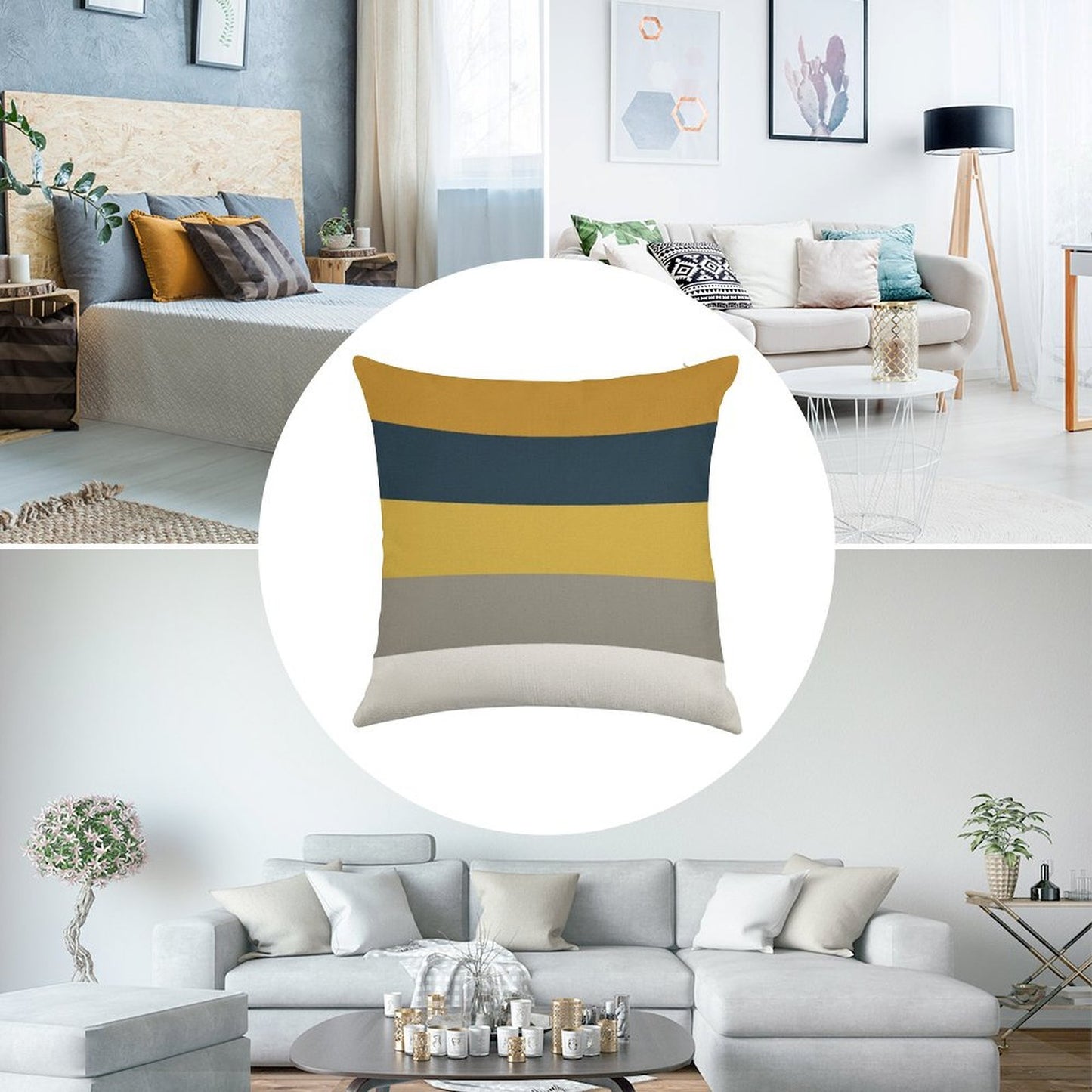 Broad Stripes Pattern in Light And Dark Mustard Yellow, Grey, White, And Navy Blue Linen Throw Pillow Cover
