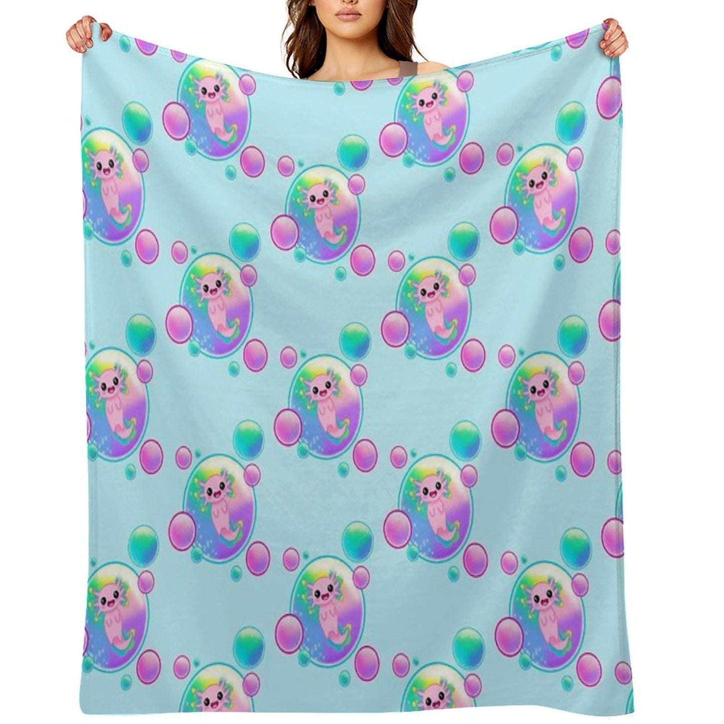Kawaii Axolotl with Bubbles Throw Blanket