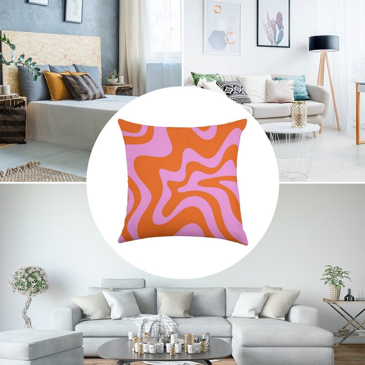 Retro Liquid Swirl Abstract Pattern Square in Hot Pink And Red-Orange Linen Throw Pillow Cover