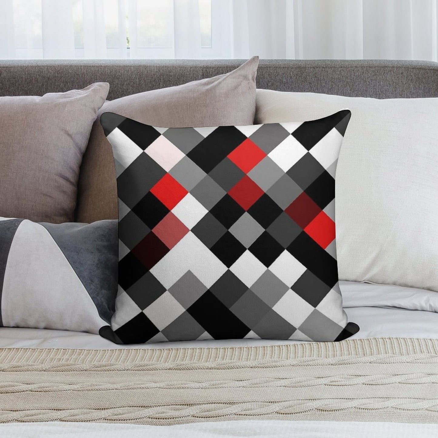 Bold Block Black White Red Diagonal Pattern Soft High-Density Material Throw Pillow