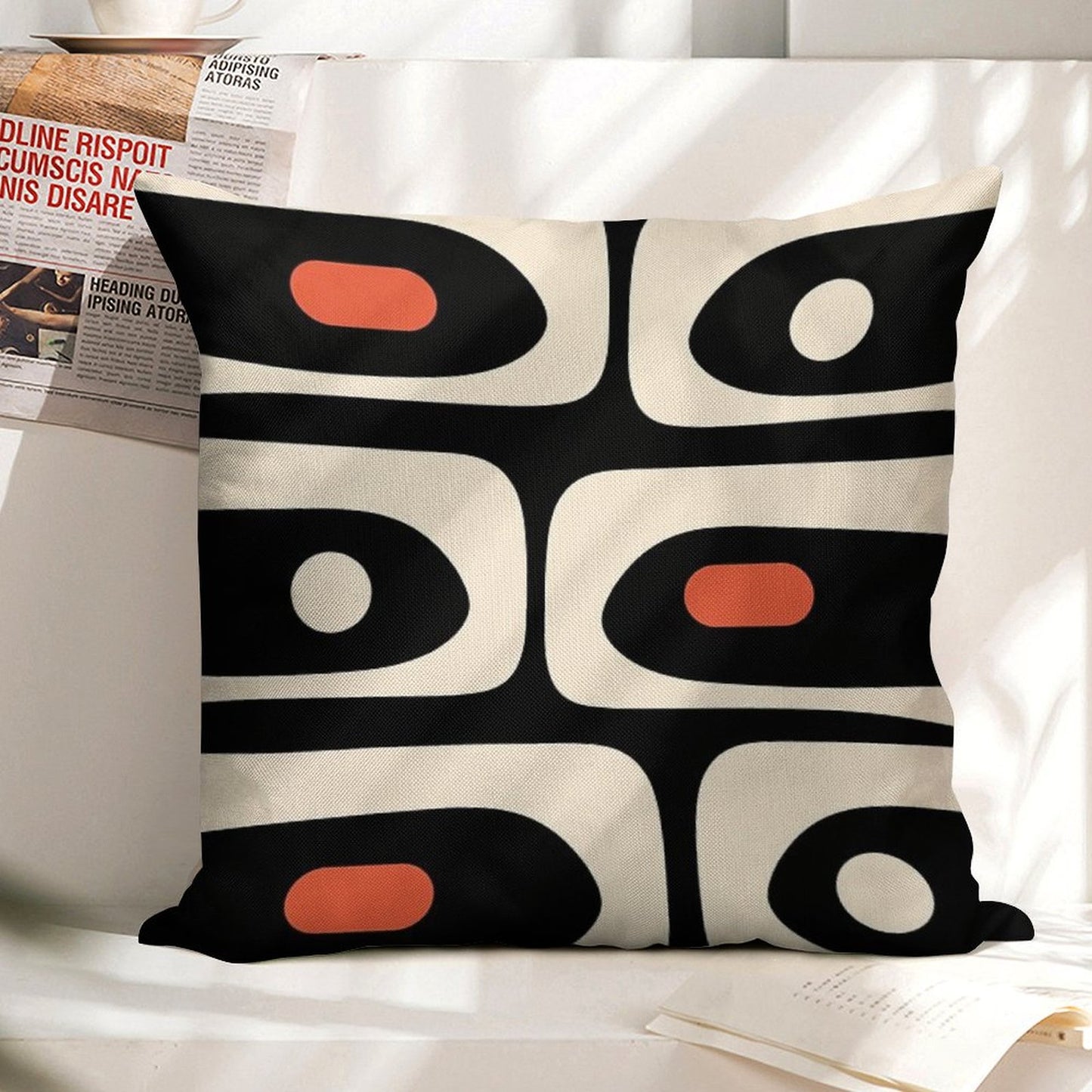 Mid Century Modern Piquet Abstract Pattern Black, Orange, And Almond Cream Linen Throw Pillow Cover
