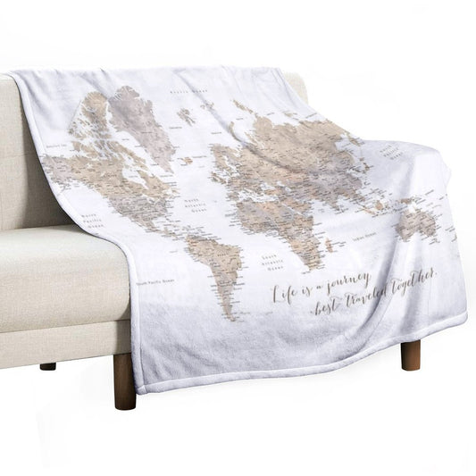 Life Is A Jouney Best Travelled Together, World Map, Abey Throw Blanket