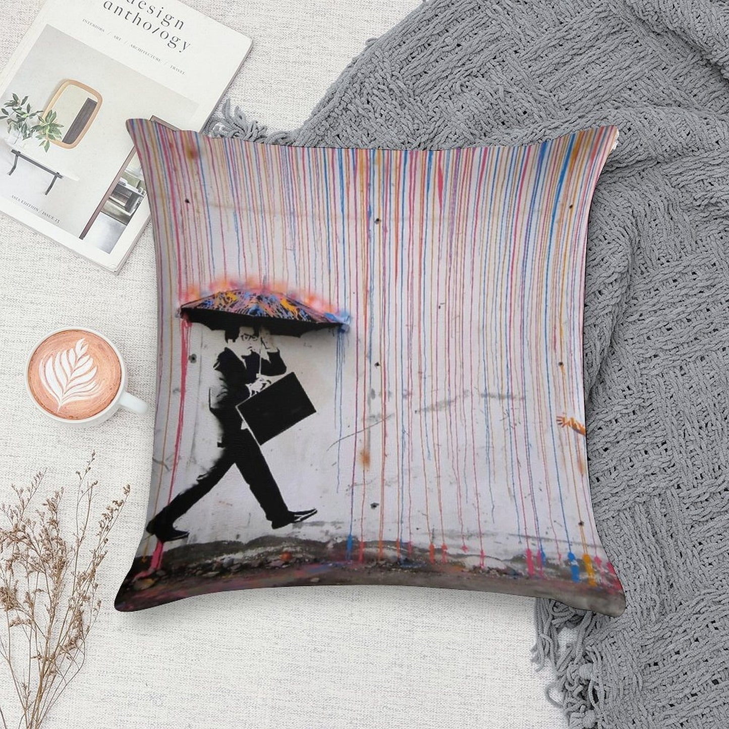 Banksy Umbrella Rainbow Happy Girl Soft Luxury Feel Throw Pillow