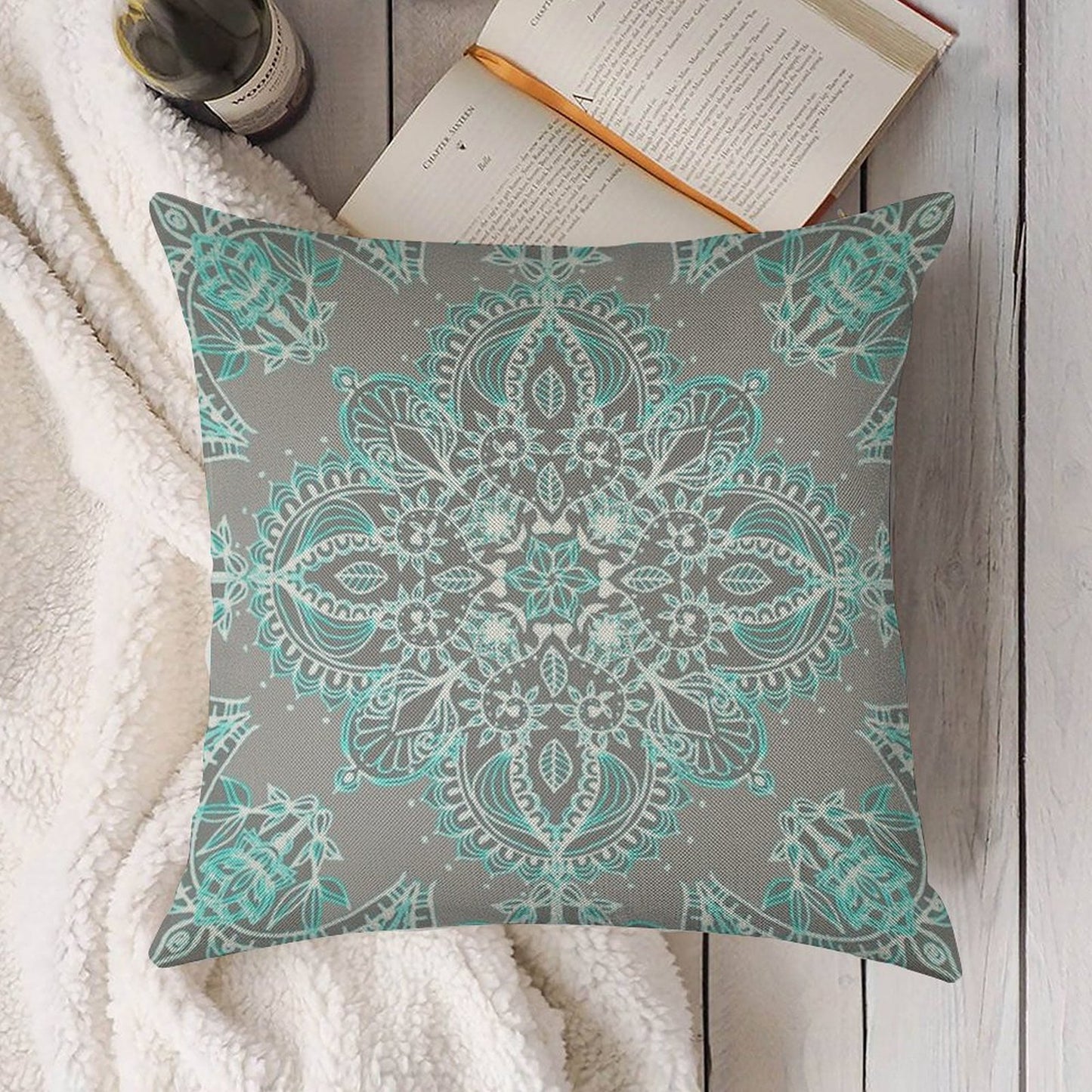 Teal And Aqua Lace Mandala on Grey Linen Throw Pillow Cover