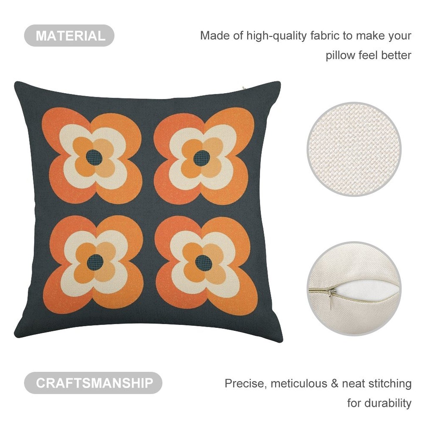 Retro Flowers - Orange And Charcoal Linen Throw Pillow Cover