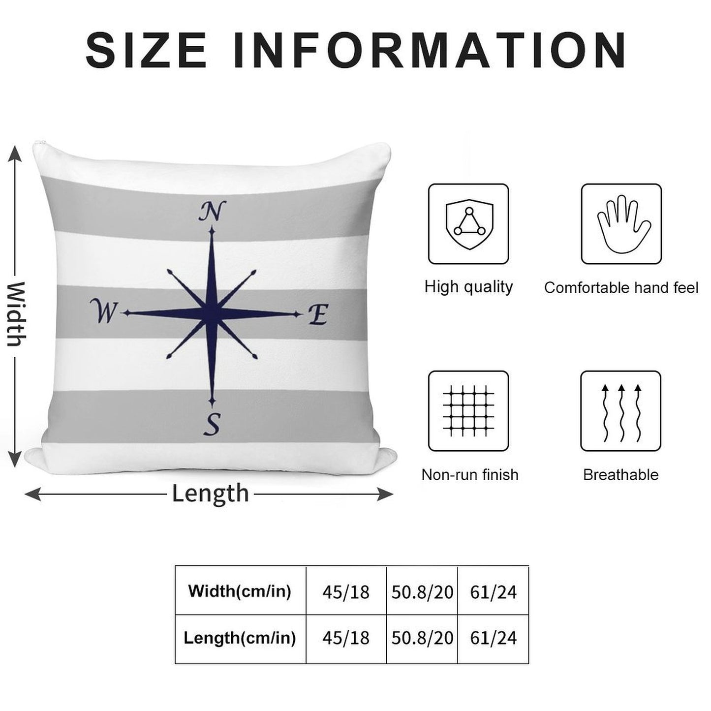 Nautical Navy Blue Compass On Silver Gray And White Stripes Soft Washable Throw Pillow