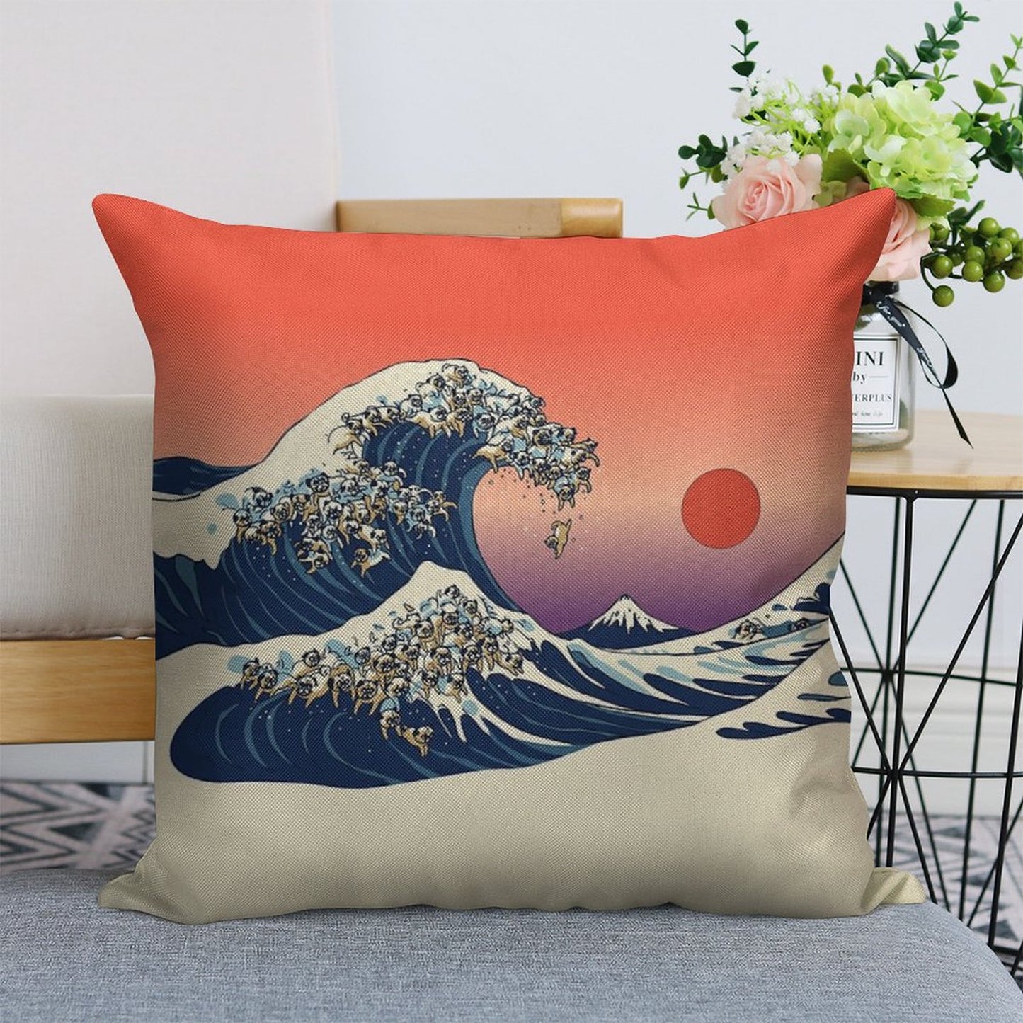 The Great Wave of Pug Linen Throw Pillow Cover