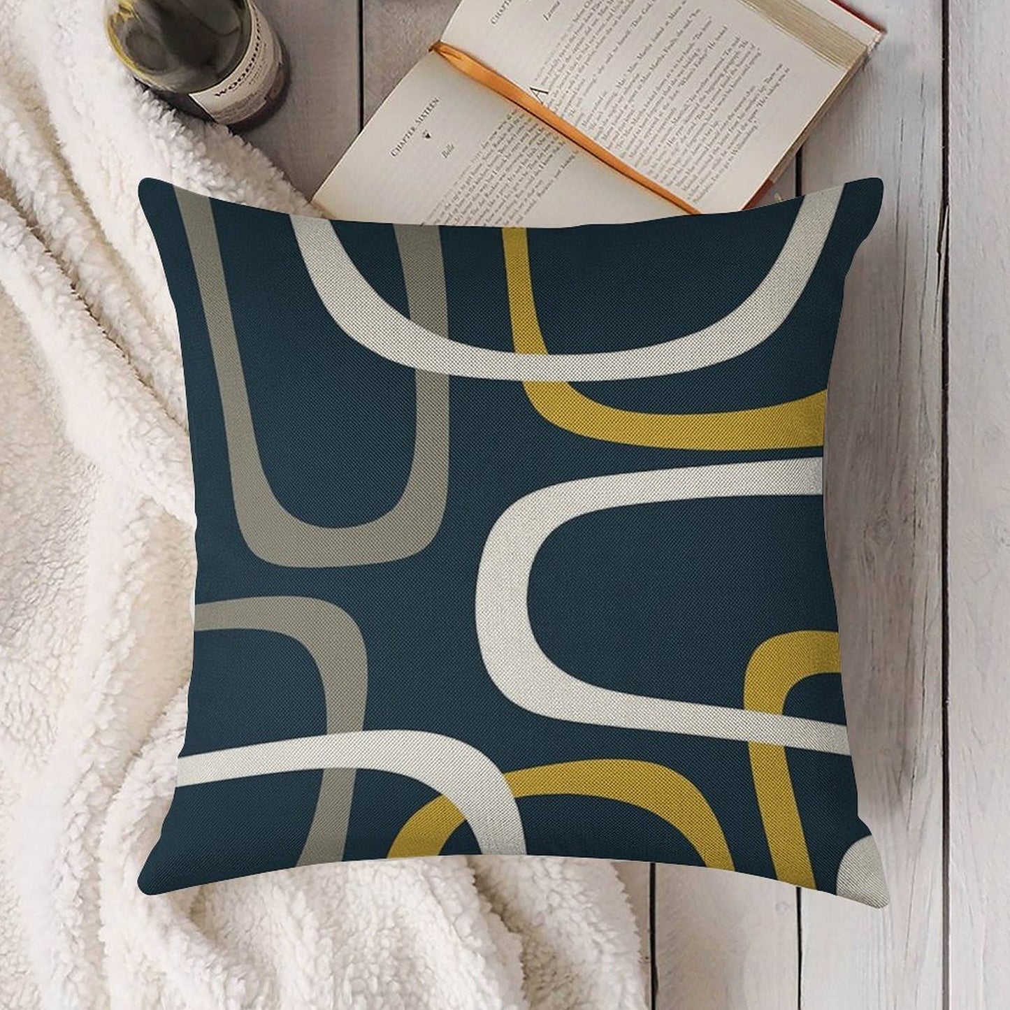 Midcentury Modern Loops Retro Pattern in Light Mustard, Grey, White, And Navy Blue Linen Throw Pillow Cover