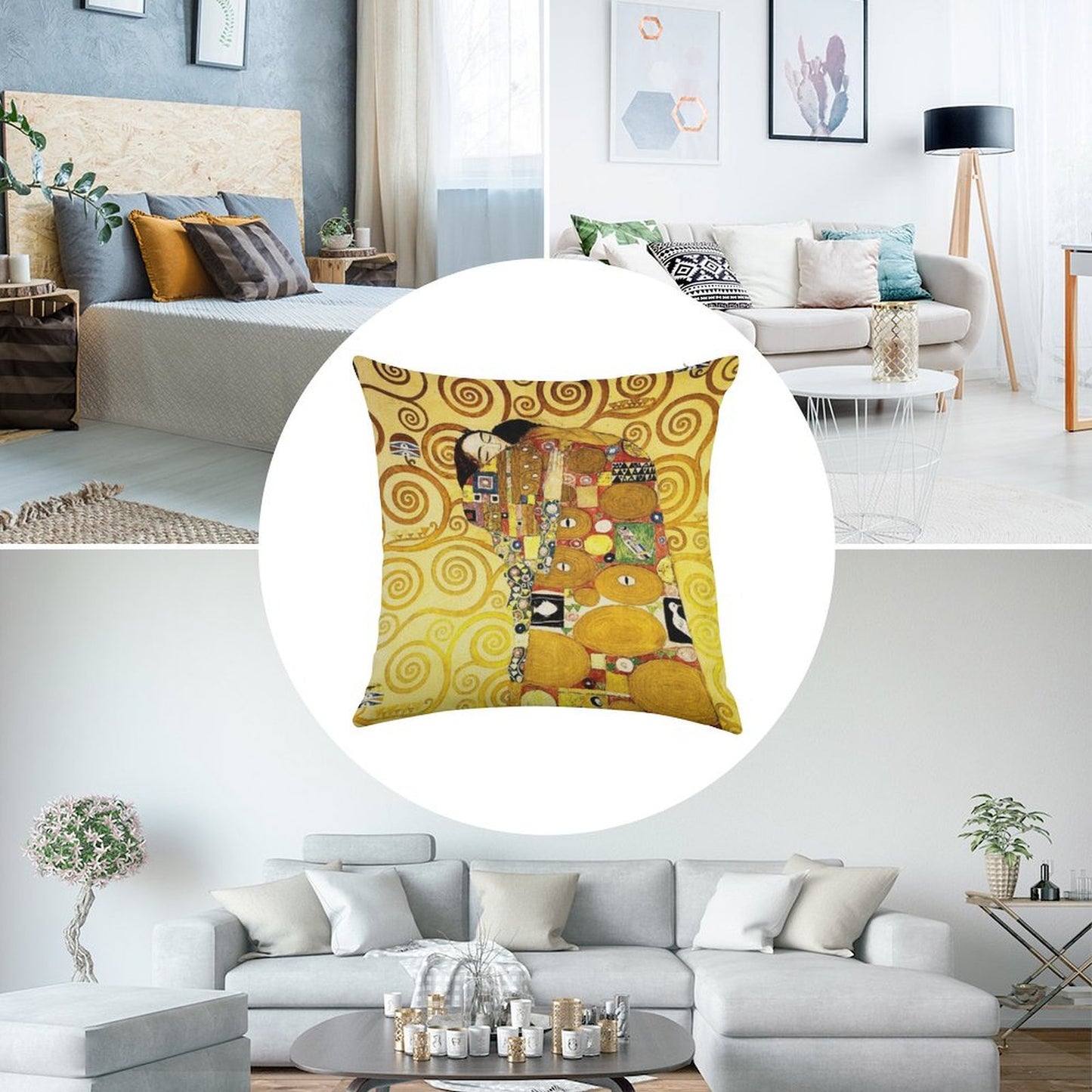 Gustav Klimt The Embrace Linen Throw Pillow Cover