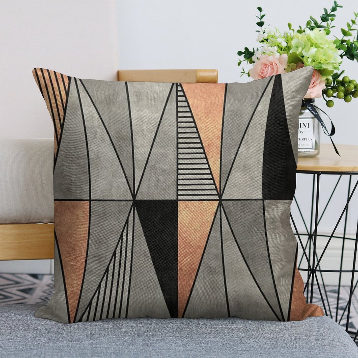 Concrete And Copper Triangles Linen Throw Pillow Cover