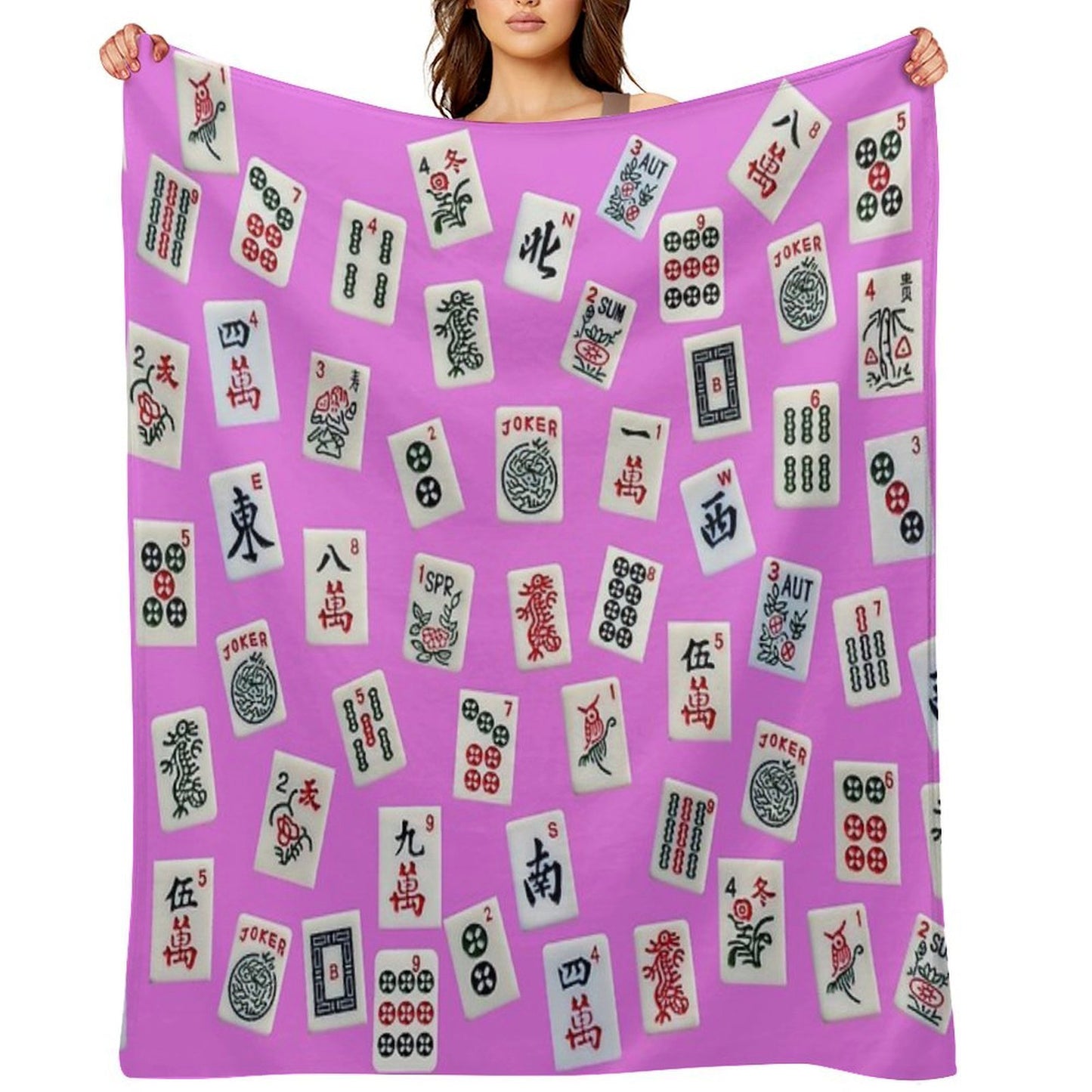Mahjongg Game Tiles Design on Pink Color Throw Blanket