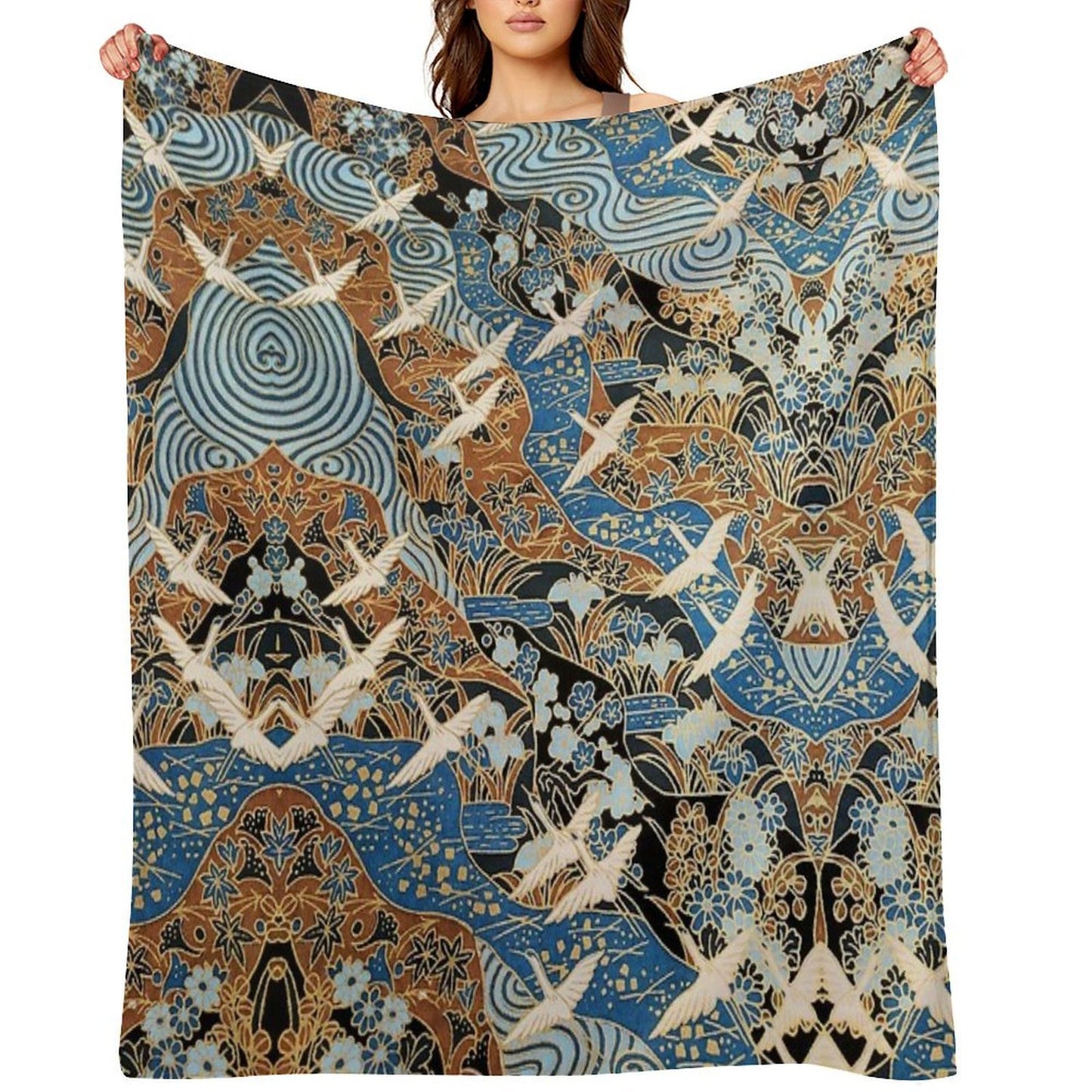 FLYING WHITE CRANES ON BLUE WATER AND SPRING FLOWERS Antique Japanese Floral Throw Blanket