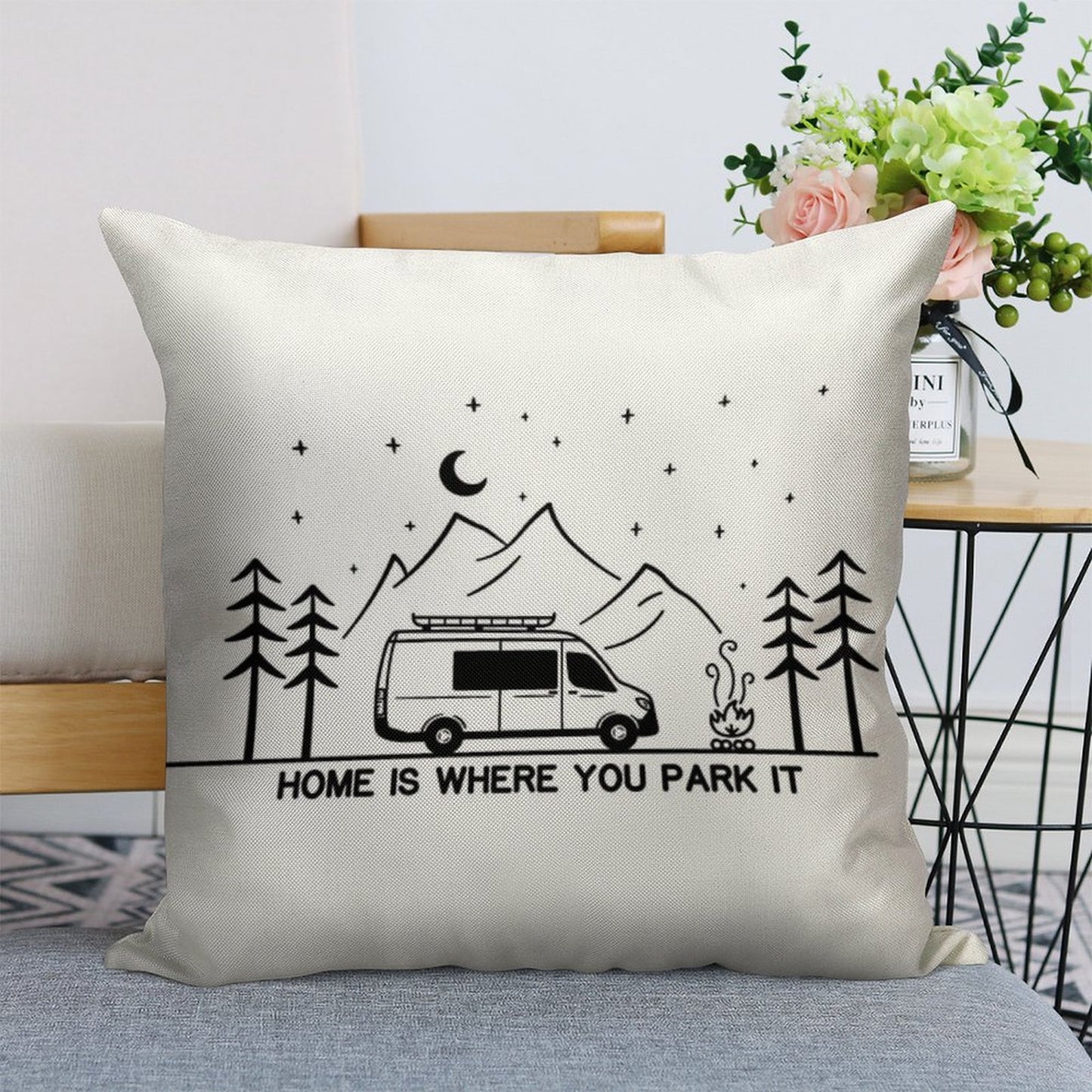 Home Is Where You Park It Vanlife Campervan Camping Outdoors RV Linen Throw Pillow Cover