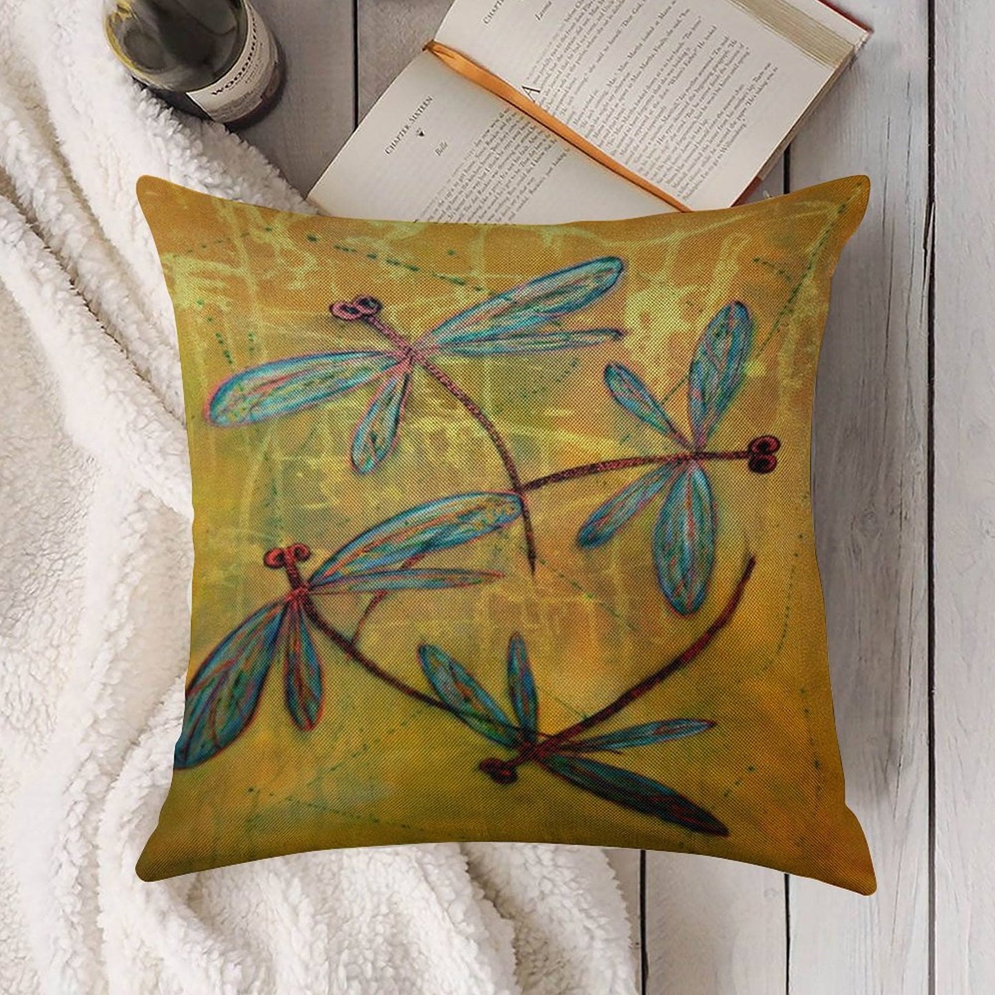 Dragonfly Haze Linen Throw Pillow Cover
