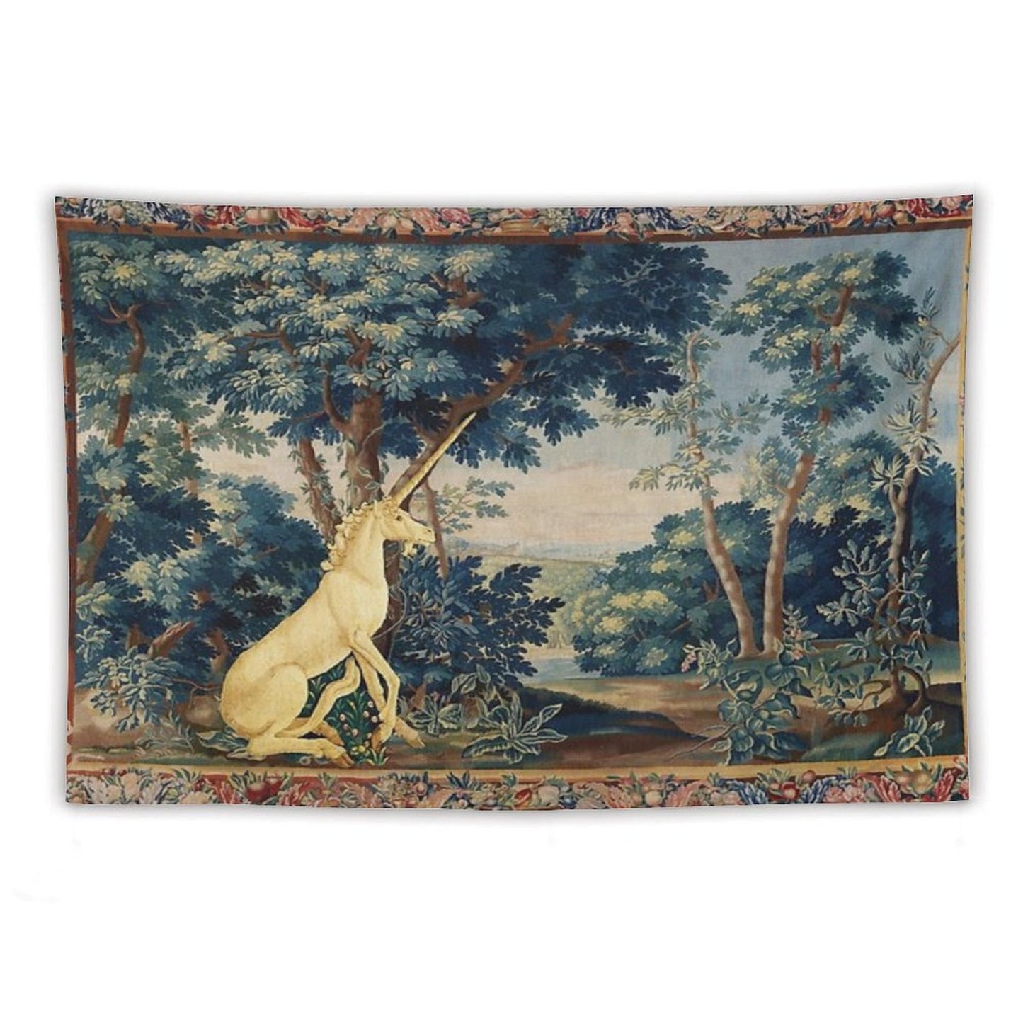 UNICORN IN WOODLAND LANDSCAPE AMONG GREENERY AND TREES Tapestry