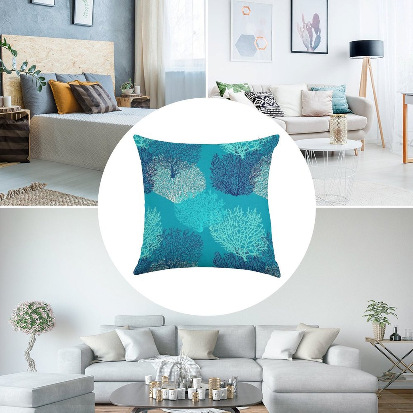 Fan Coral Print, Turquoise, Aqua And Cobalt Blue Linen Throw Pillow Cover