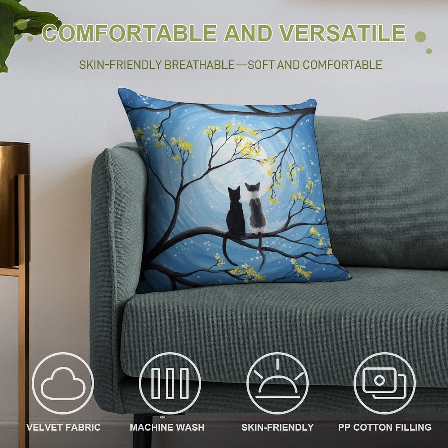 Cats Full Moon Soft Skin-Friendly Throw Pillow