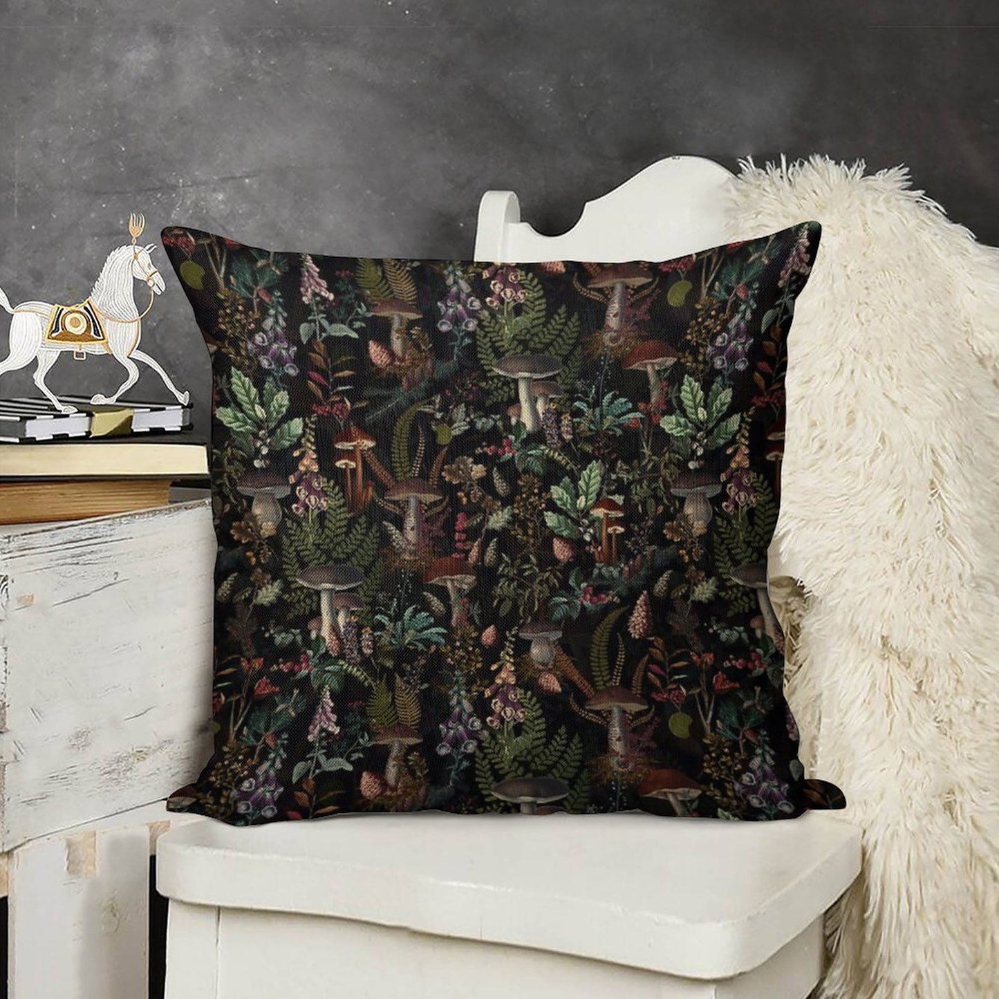 Vintage Mysterious Mushrooms Forest Botanical Botanical Night Garden Pattern NightGarden Linen Throw Pillow Cover