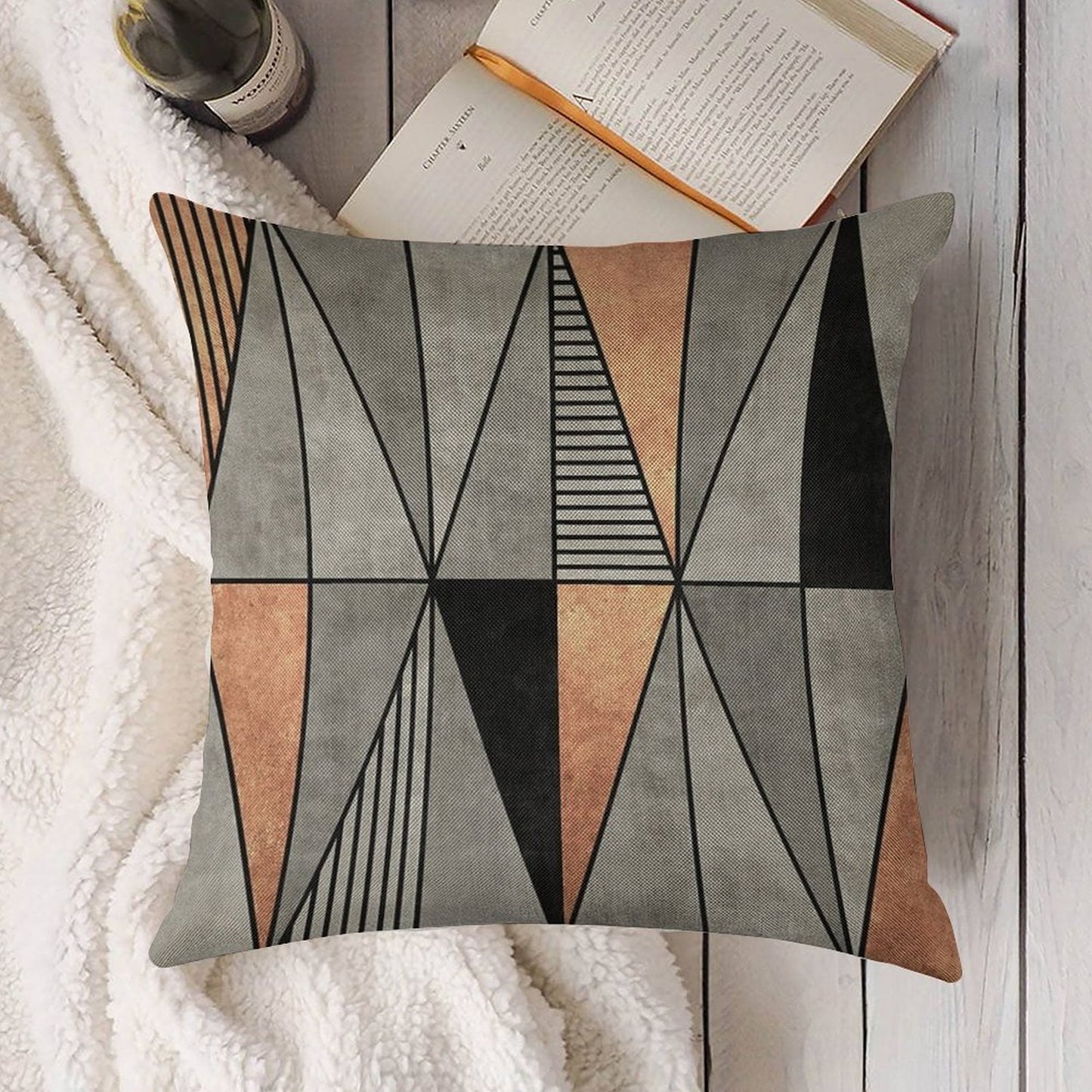 Concrete And Copper Triangles Linen Throw Pillow Cover