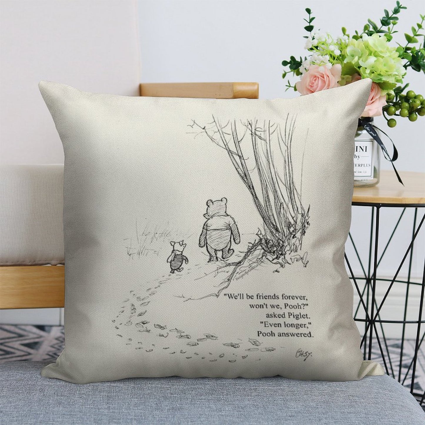 Winnie The Pooh & Piglet Friends Forever Linen Throw Pillow Cover