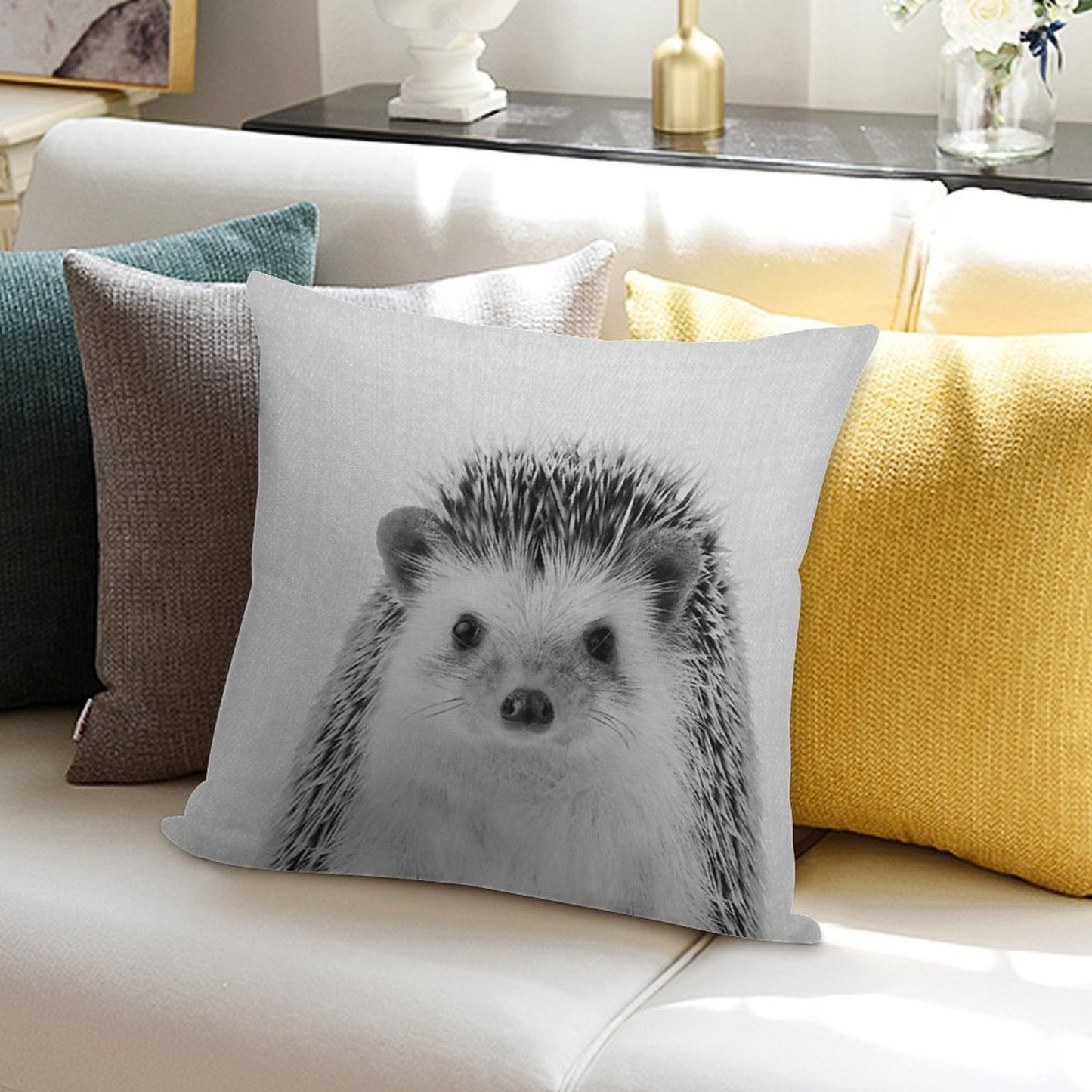 Hedgehog - Black & White Soft Luxury Feel Throw Pillow