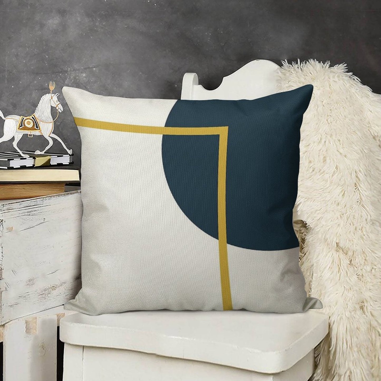 Abstract Geometric Minimalist Navy Blue, Light Mustard Yellow, And White Linen Throw Pillow Cover