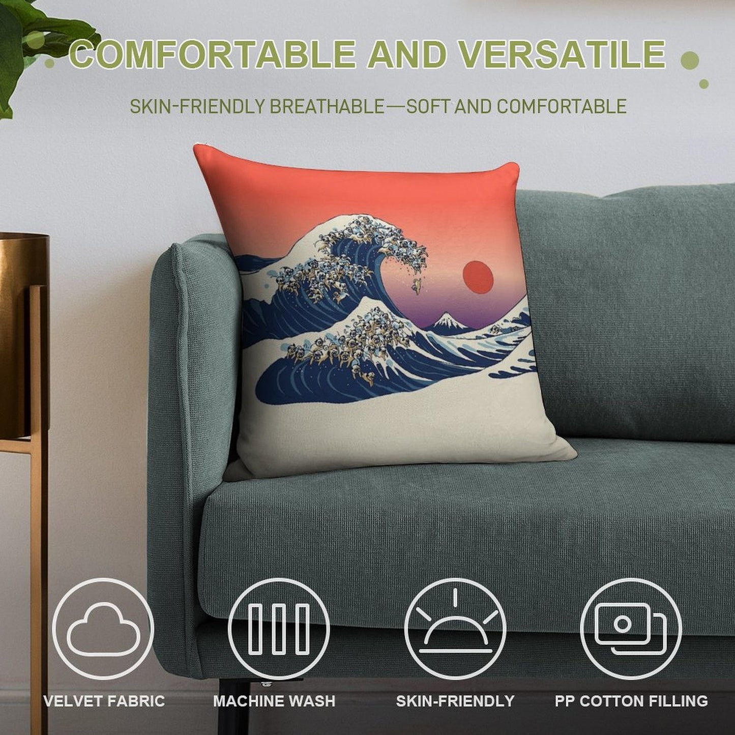 The Great Wave of Pug Soft High-Density Material Throw Pillow