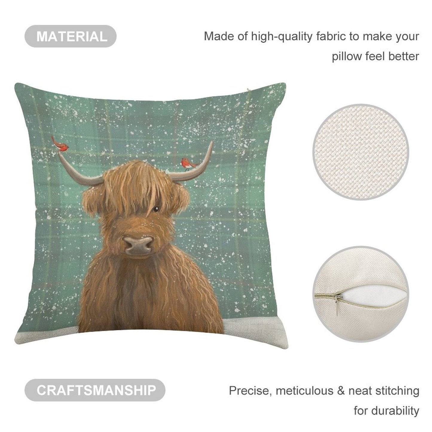 Scottish Highland Cow Winter Robins Tartan Linen Throw Pillow Cover