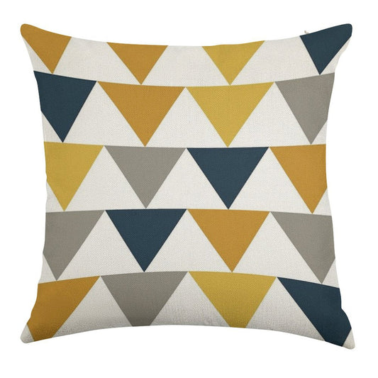 Arrows Light Mustard Yellow, Dark Mustard Yellow, Dark Blue, Grey, And White Geometric Pattern Linen Throw Pillow Cover