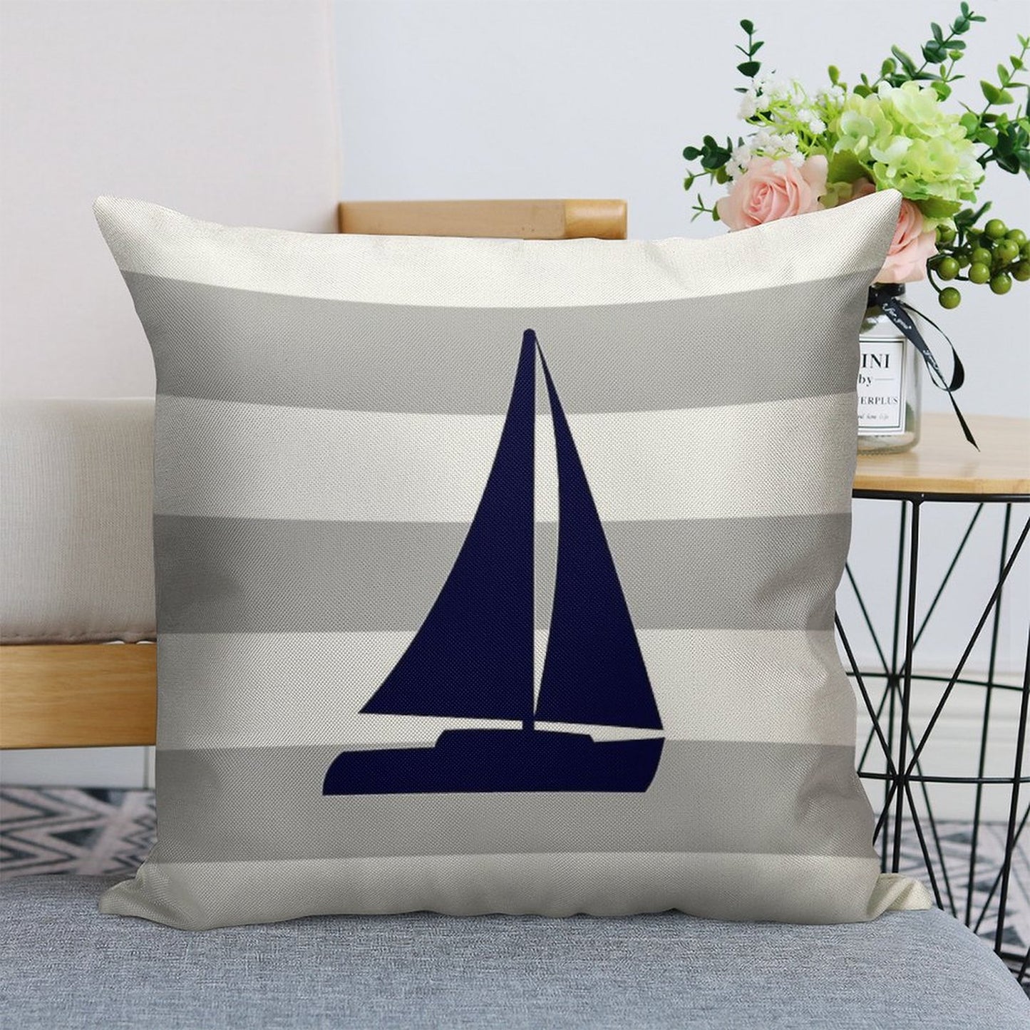 Nautical Navy Blue Sailboat On Silver Gray Stripes Linen Throw Pillow Cover