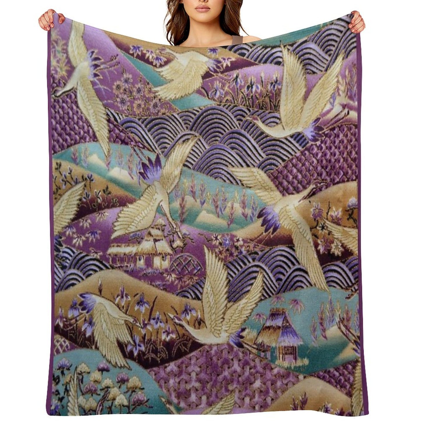 Japanese Crane Kimono Style Embroidered Pattern Throw Blanket