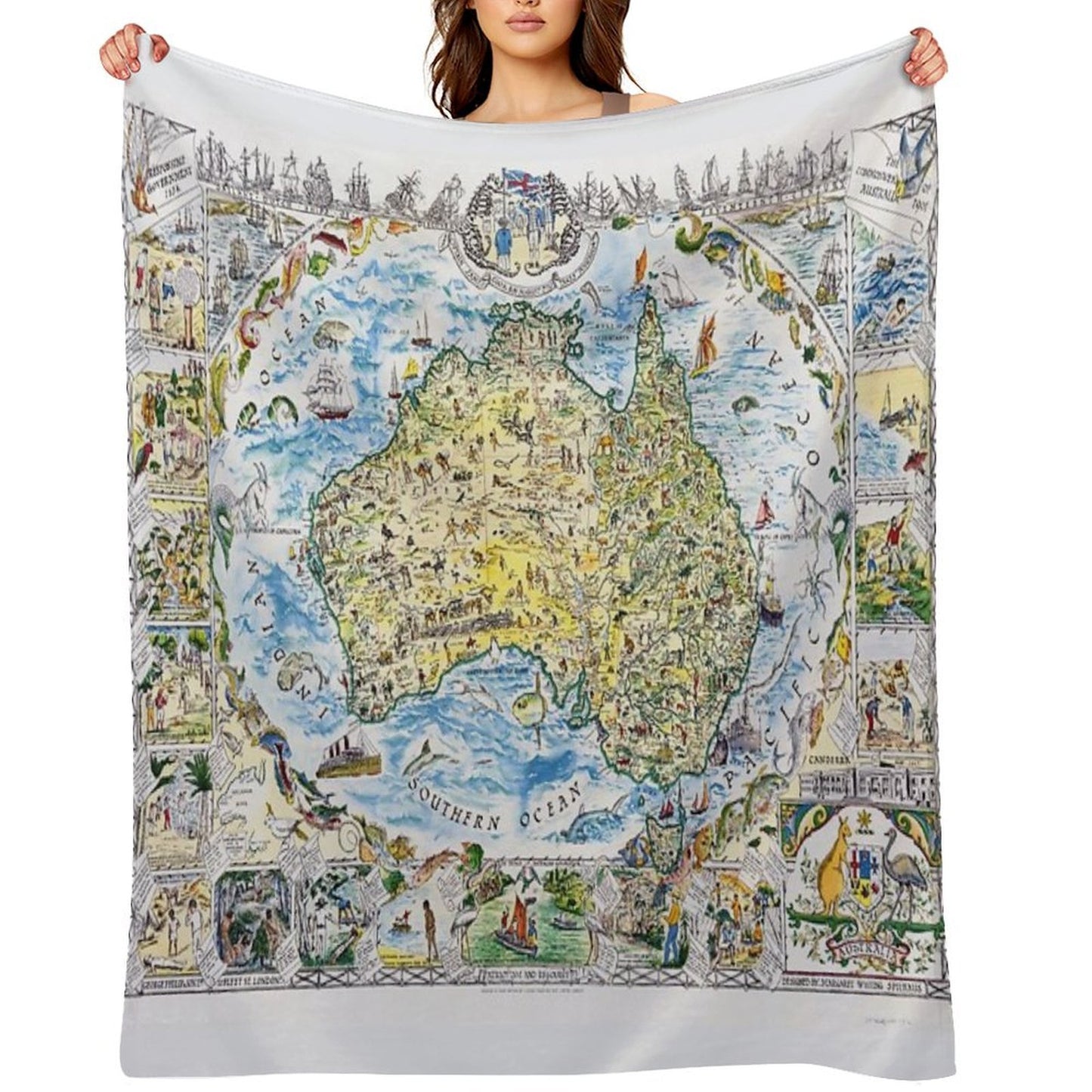 Antique Map of Australia, Patriotism And Resources Throw Blanket