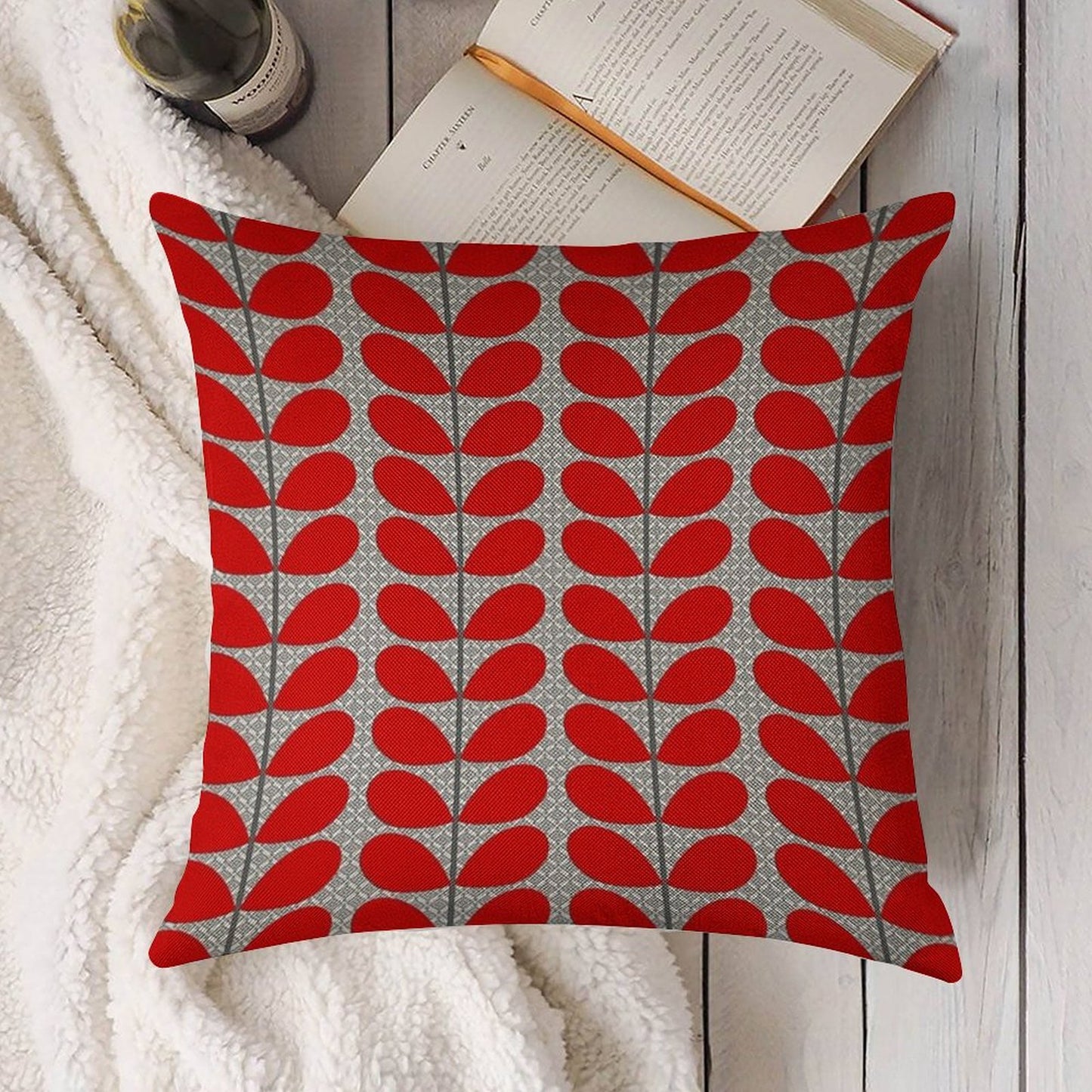 Mid-Century Danish Leaves, Deep Red And Gray Linen Throw Pillow Cover