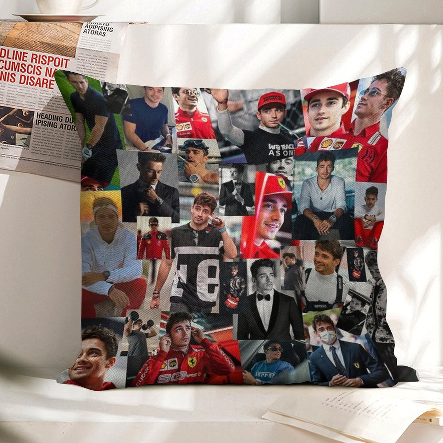 Charles Leclerc Monacan Motorsports Racing Driver Collage Linen Throw Pillow Cover