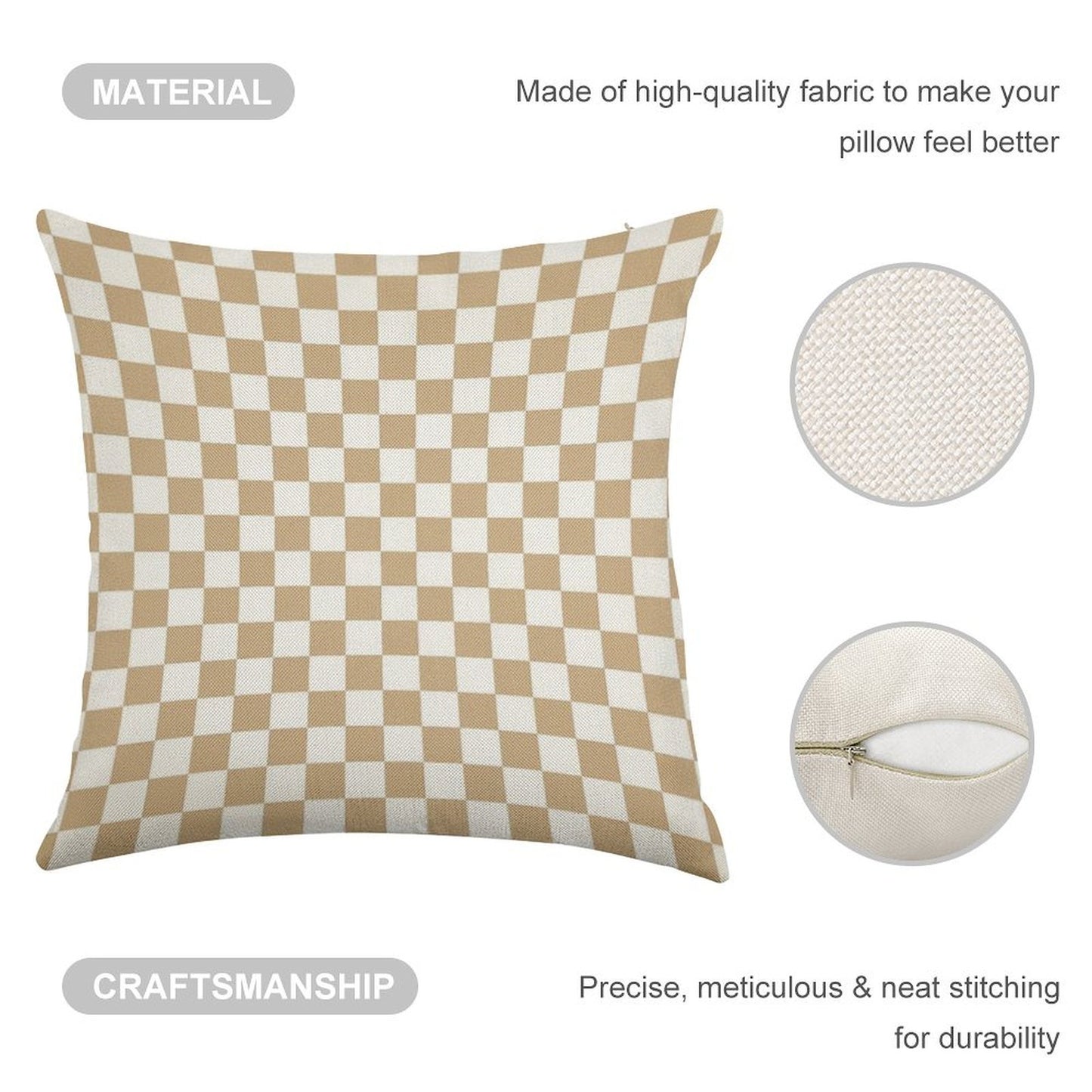 White And Tan Brown Checkerboard Linen Throw Pillow Cover
