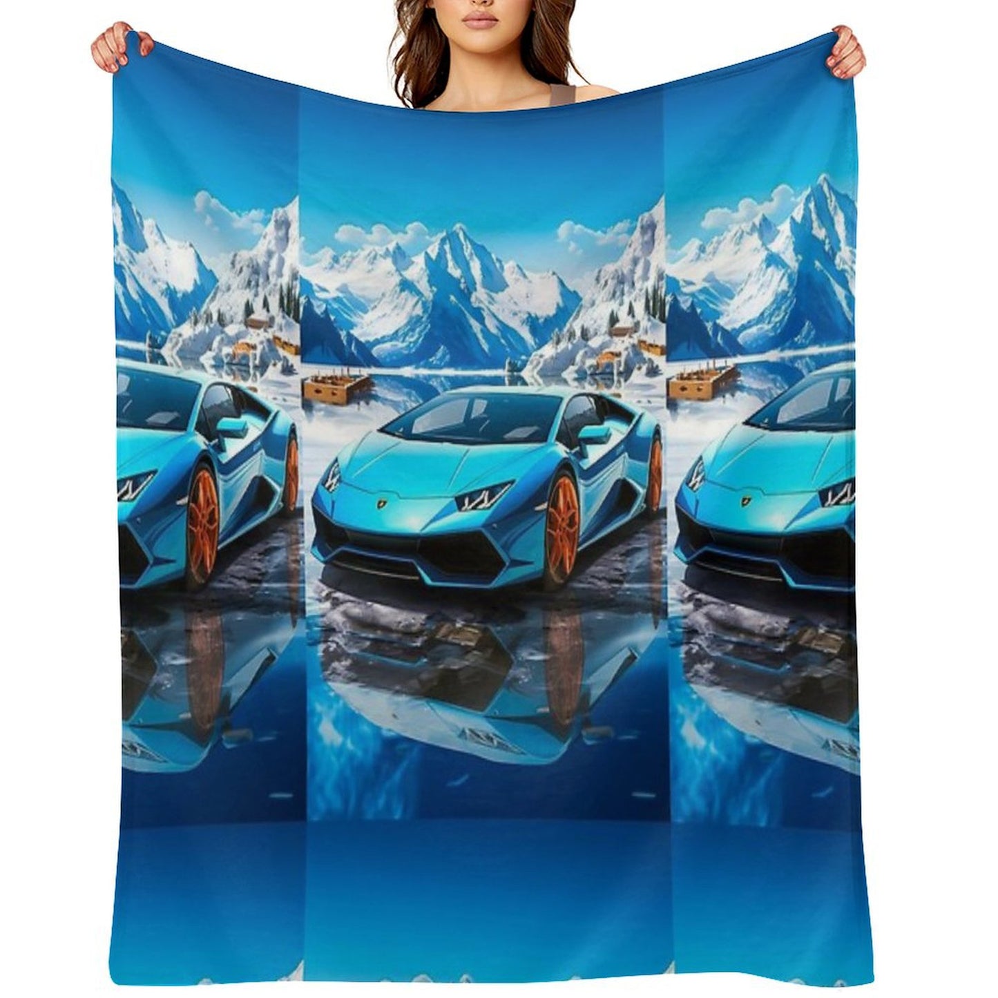 Blue Lamborghini Huracan, Icy Majesty Supercar, Sports Car On Snowy Alpine Backdrop, High Octane Wall Art Throw Blanket