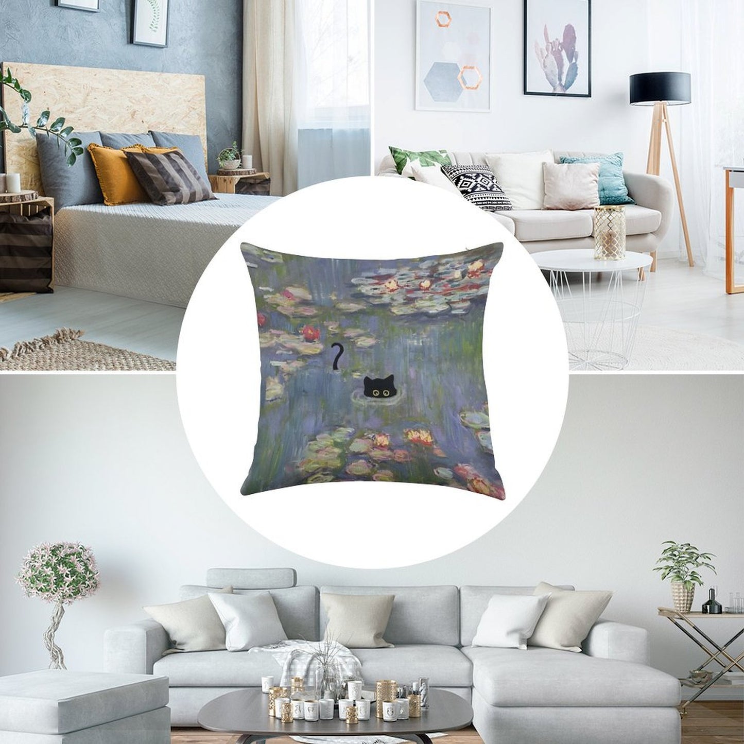 Cat Monet Waterlily Linen Throw Pillow Cover