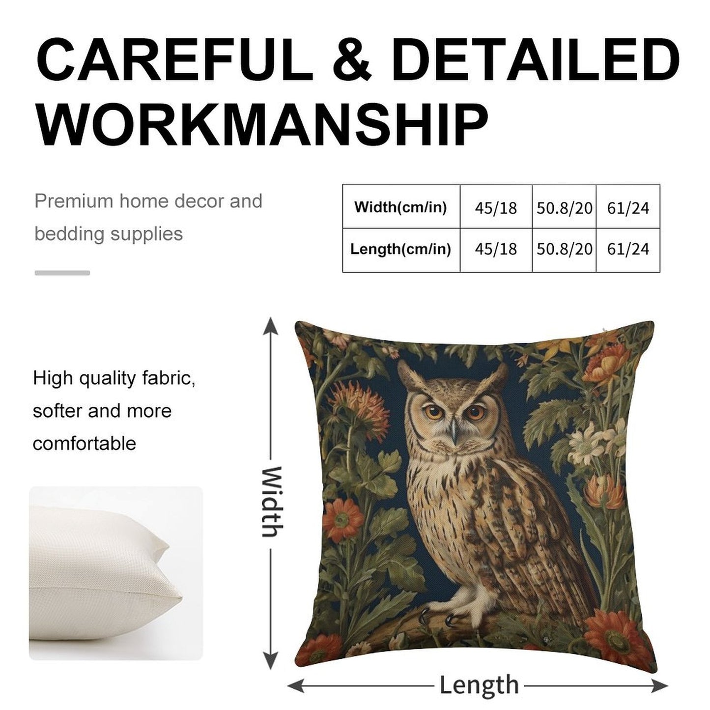 Vintage Forest Owl William Morris Style Linen Throw Pillow Cover
