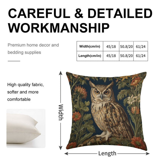 Vintage Forest Owl William Morris Style Linen Throw Pillow Cover