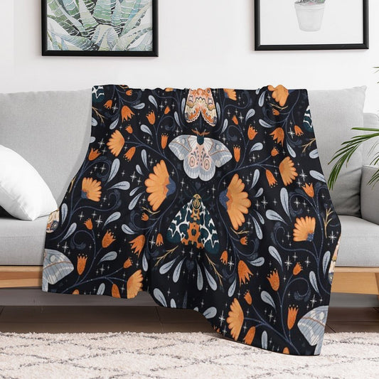 Floral Moths Black Throw Blanket
