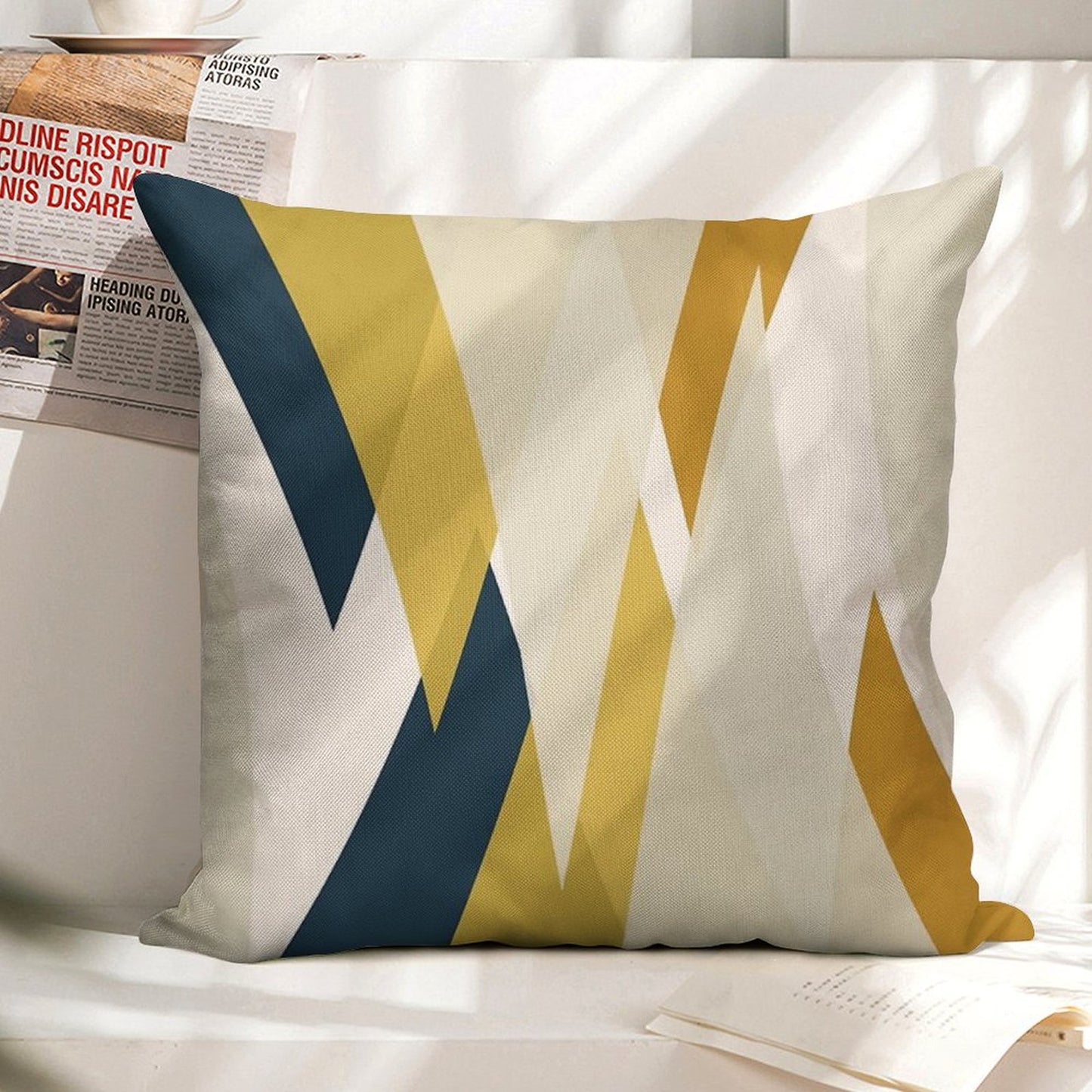 Triangular Abstract in Mustard Yellows, Navy Blue, And Blush Tones. Minimalist Geometric Linen Throw Pillow Cover