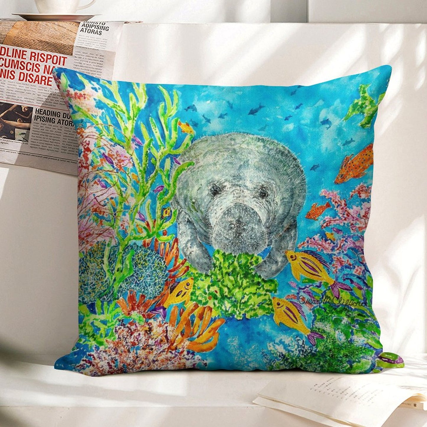 Manatee Lunchtime Linen Throw Pillow Cover