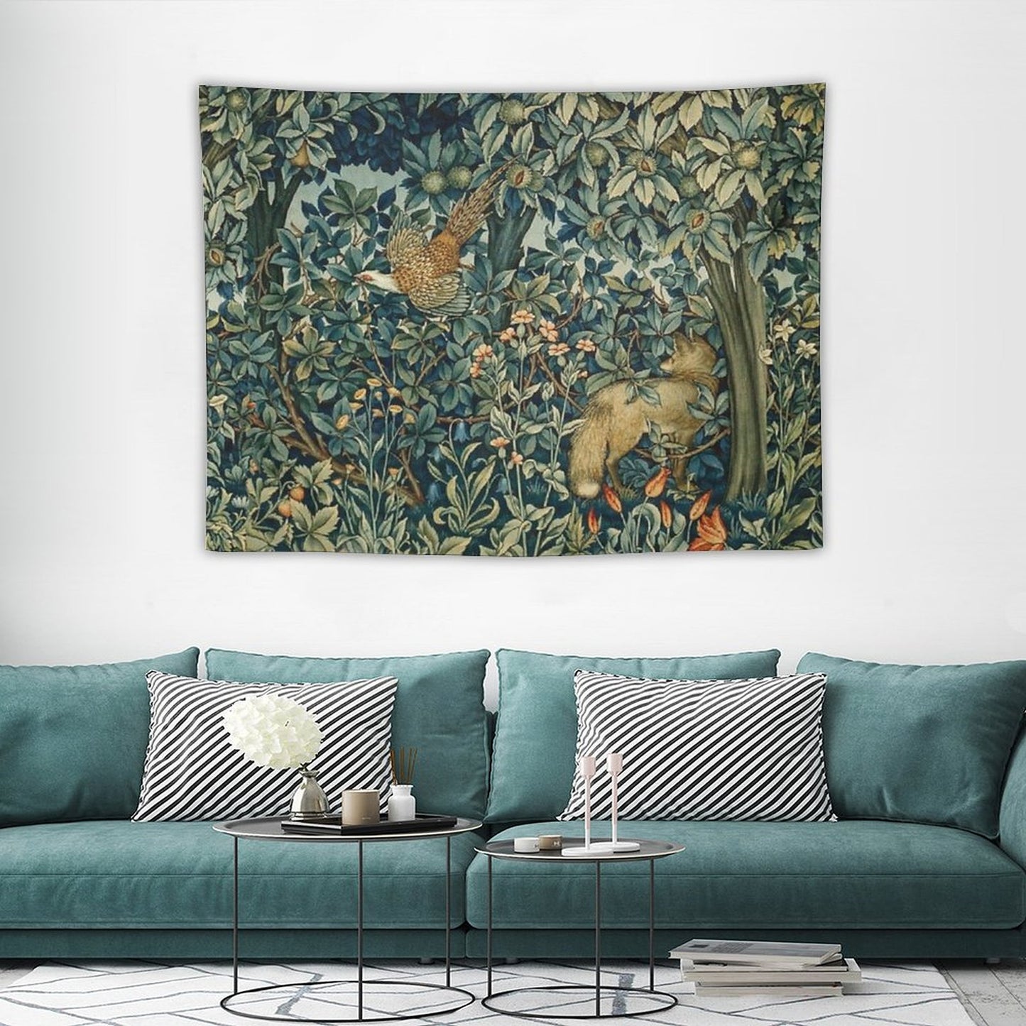 GREENERY, FOREST ANIMALS Pheasant And Fox Blue Green Floral Tapestry Tapestry