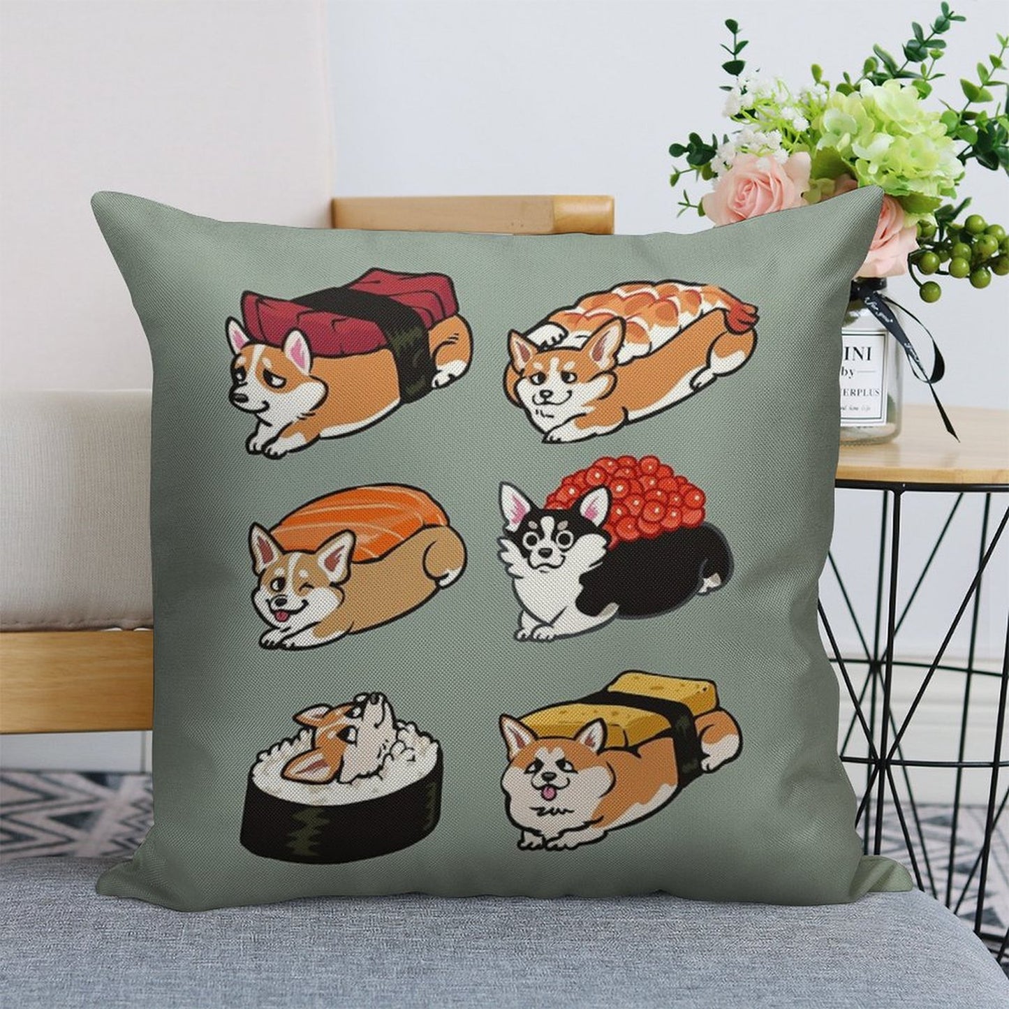 Sushi Corgi Linen Throw Pillow Cover