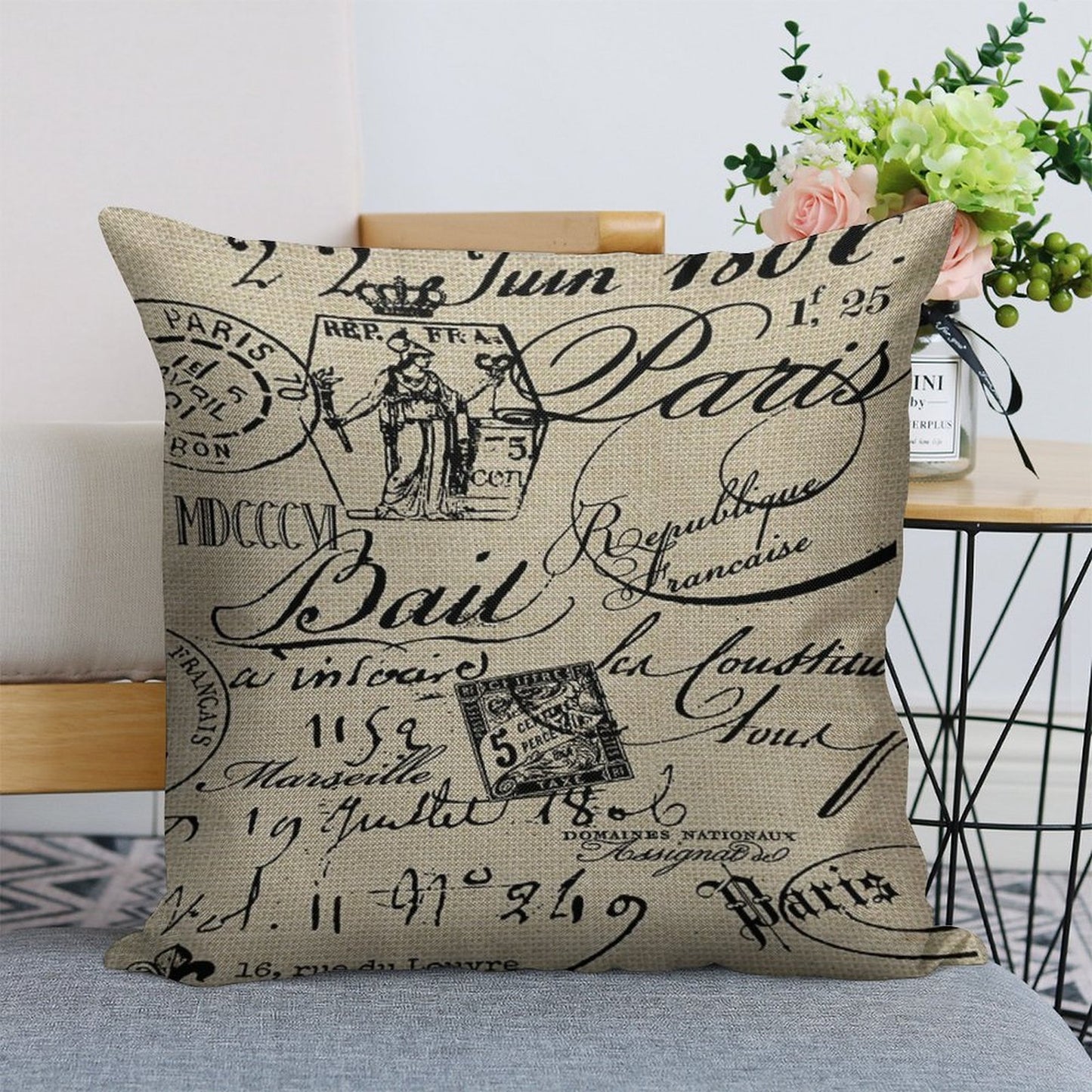 French Script Pillow Linen Throw Pillow Cover