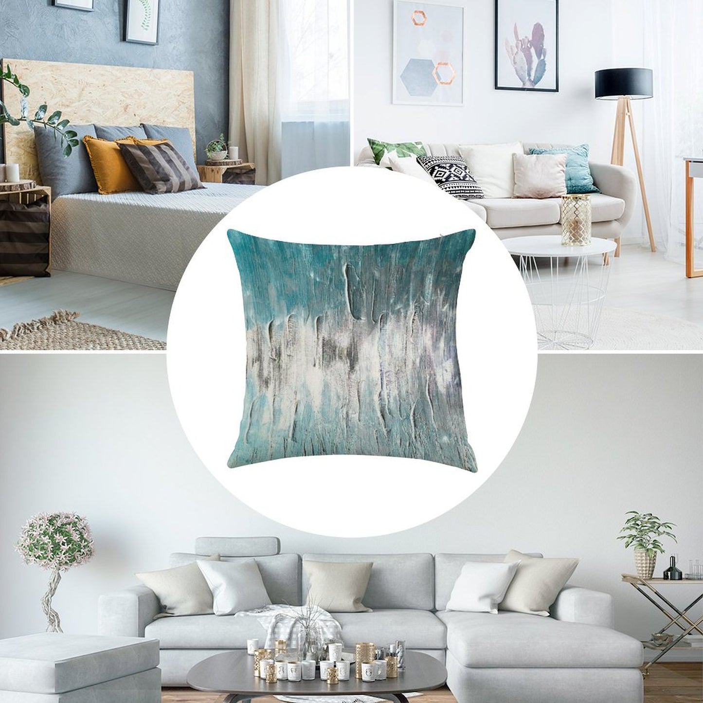 Ocean Teal And Blue Waves Abstract Linen Throw Pillow Cover