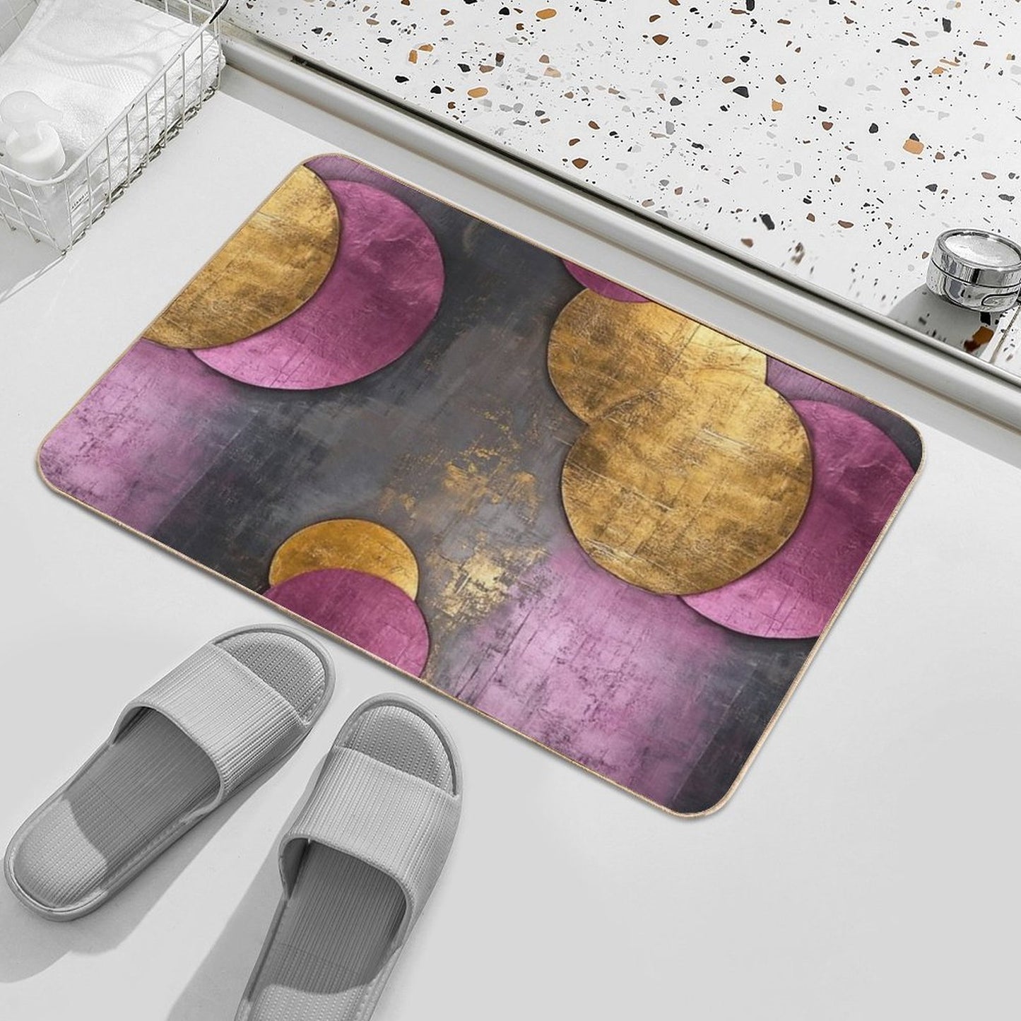 Vintage Geometric Circles – Abstract Gold & Teal Ar Repositionable Bath Mat