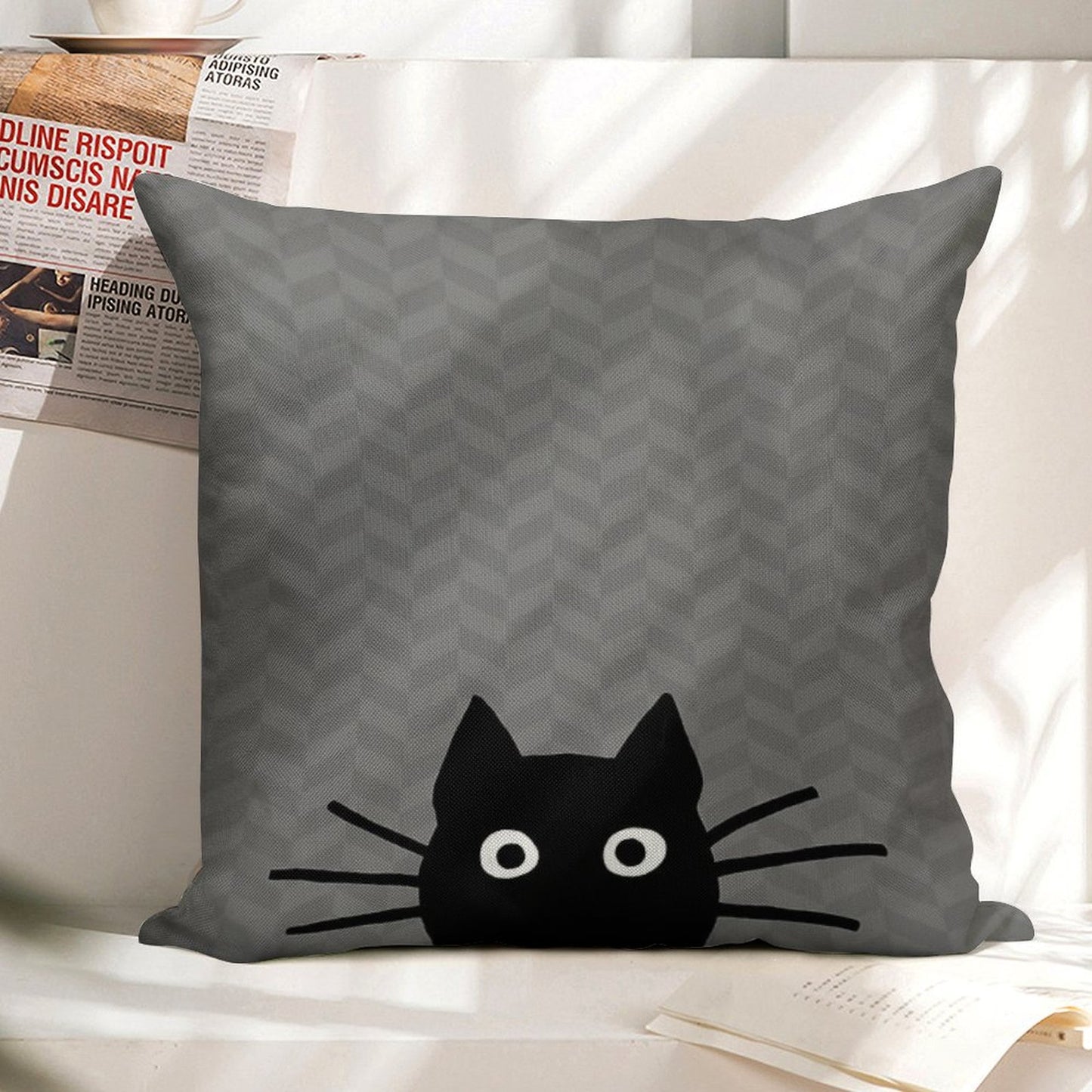 Black Cat Face Linen Throw Pillow Cover
