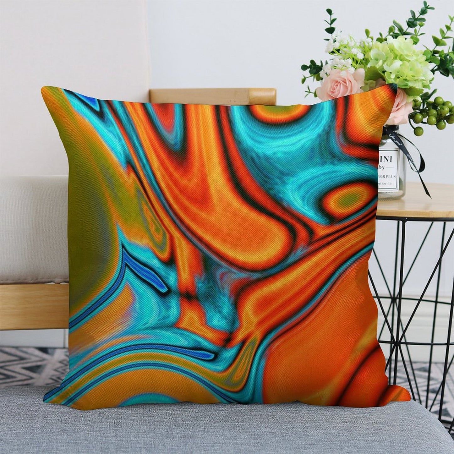 Vivid Modern Southwest Hipster Turquoise Orange Swirls Linen Throw Pillow Cover