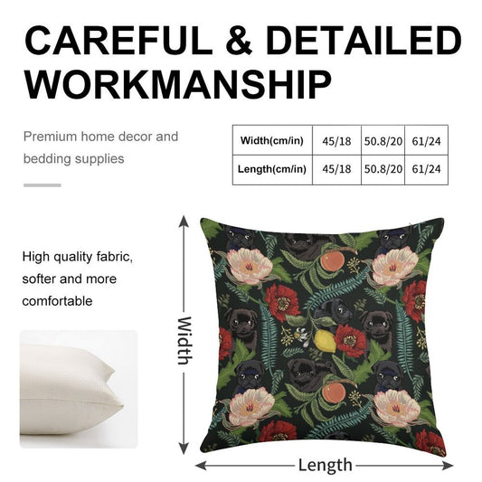 Botanical And Black Pugs Linen Throw Pillow Cover